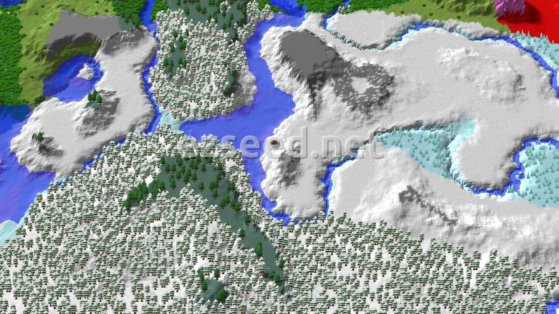 An aerial view of a snow-covered landscape with a winding river, dense snowy taiga forests, and a prominent grey windswept gravelly hill.
