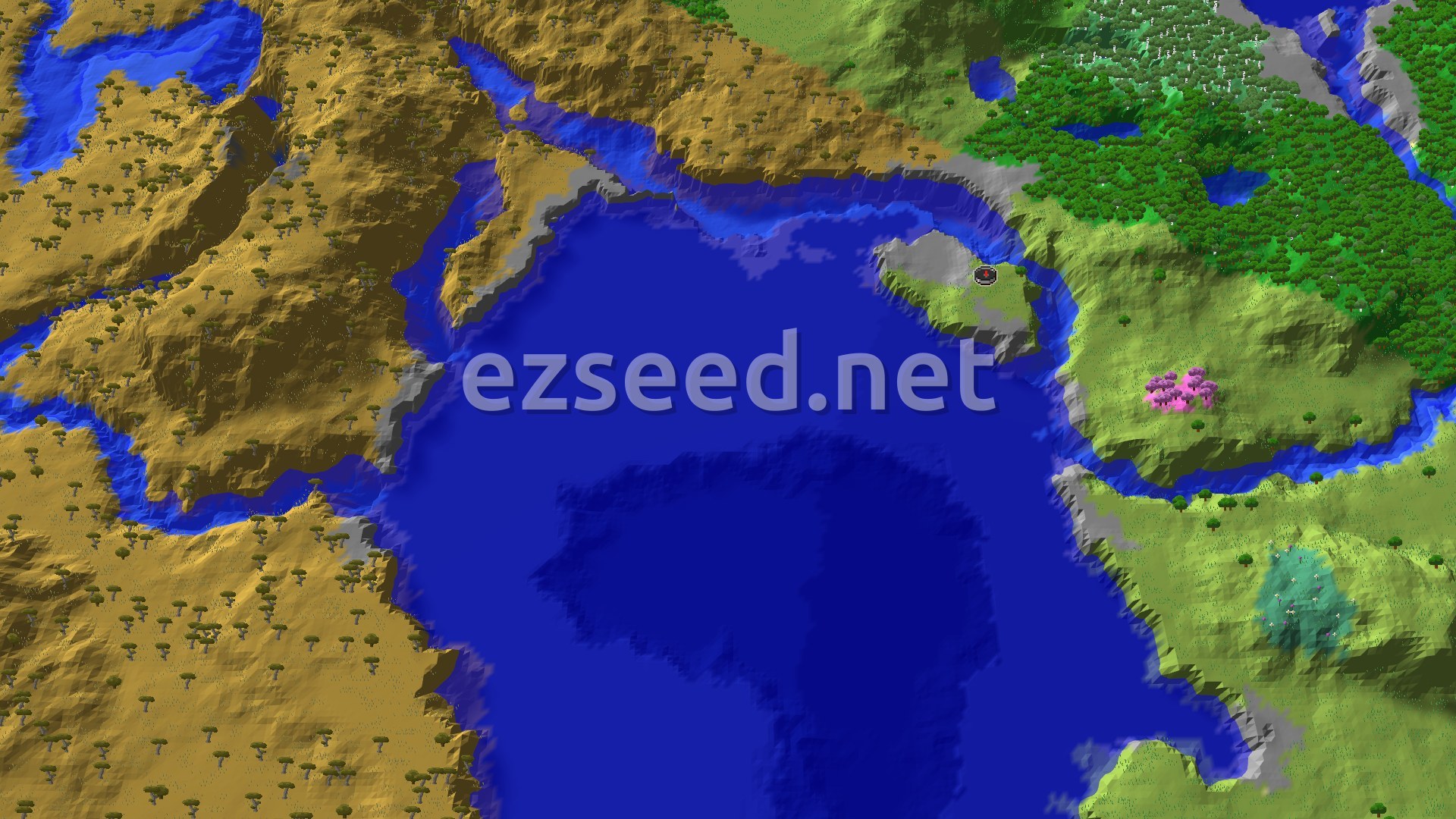 A deep blue bay with a small grassy headland holding the spawn marker, savanna hills to the west, forest to the northeast and a pink cherry grove on the grassy east shore.