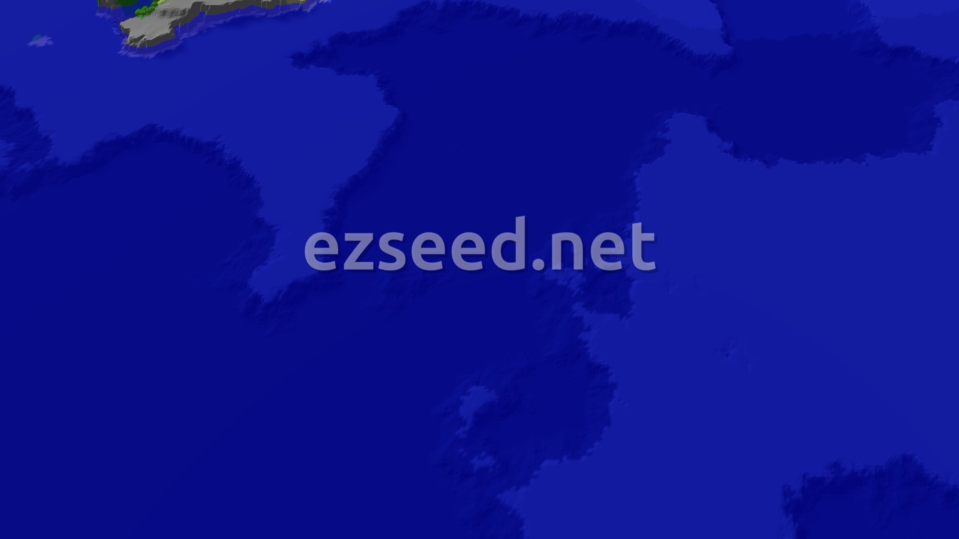A fly-over of deep blue ocean with a small patch of green and grey land in the top-left corner and no other land in sight.