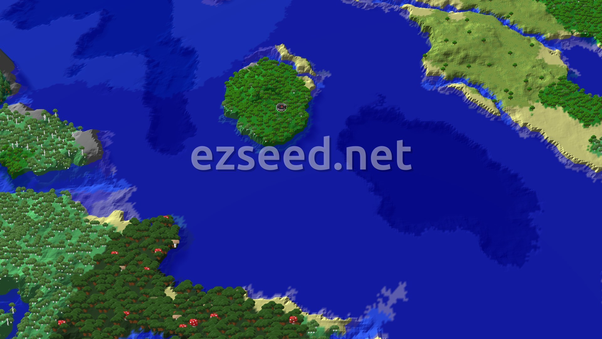 A small round island thick with dark green forest sits alone in blue ocean, ringed by pale sand, with larger forested and grassy coastlines at the edges of the view.