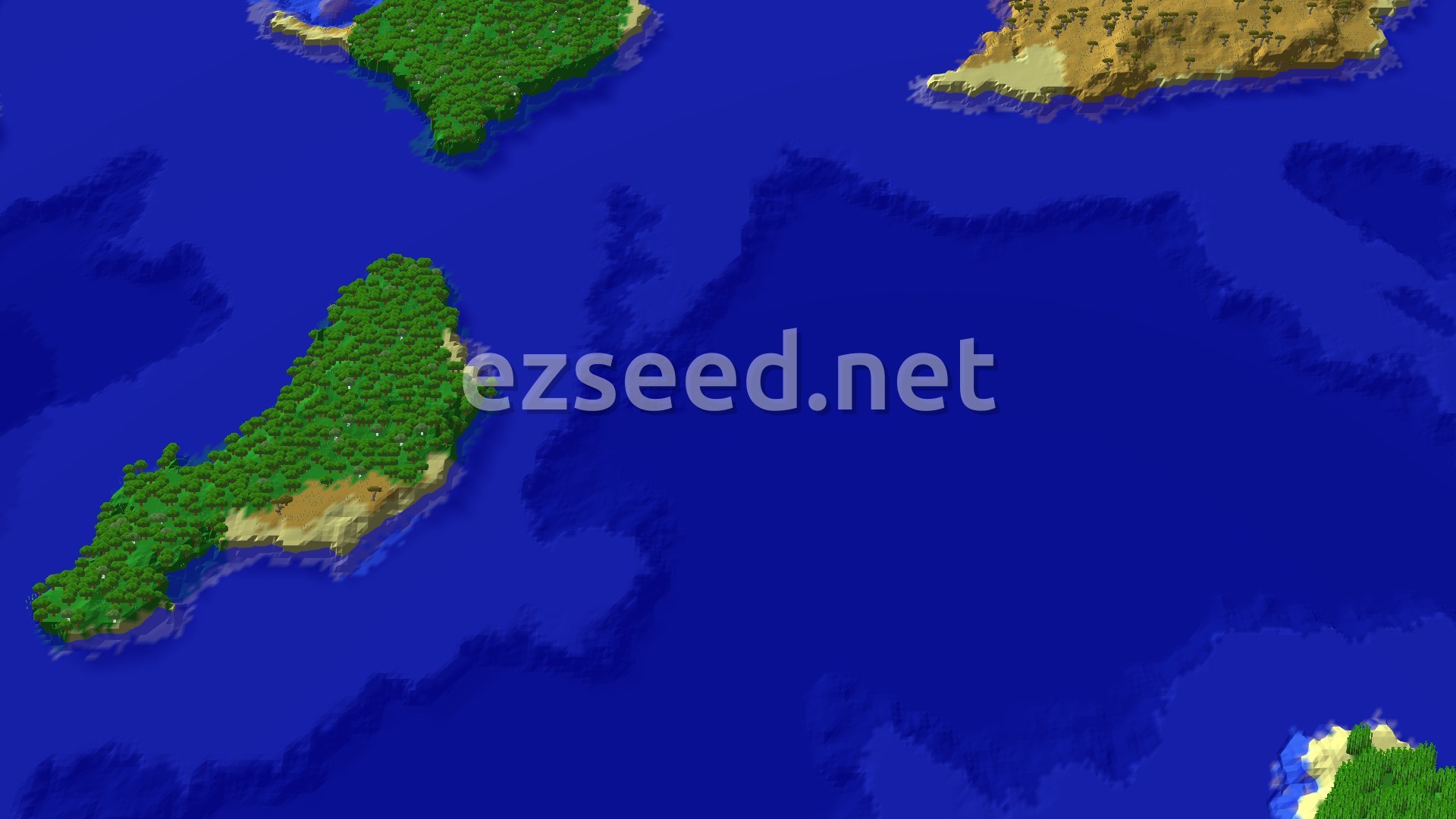 A 3D fly-over rendering of a large, green island covered in jungle trees, with smaller islands and deep blue ocean surrounding it.