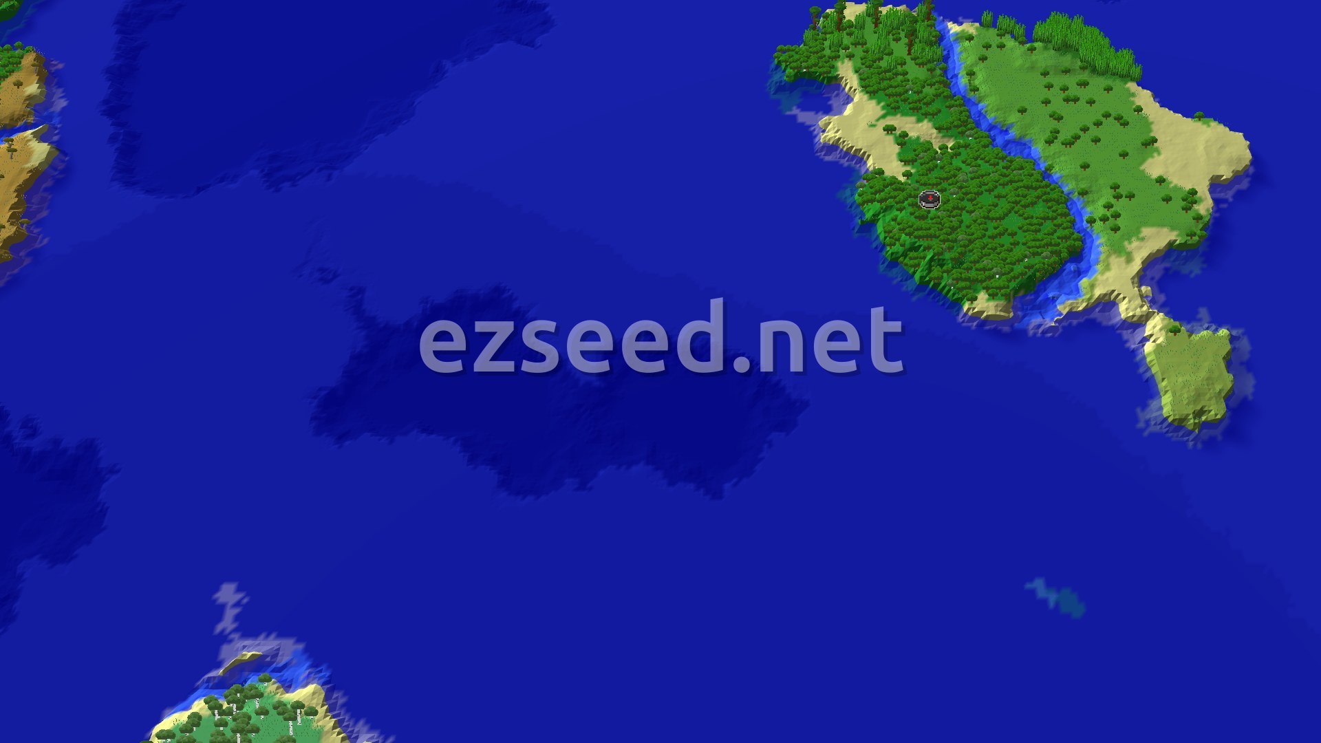 A green island of dense forest and open grassland with sandy beaches, surrounded by deep blue ocean and smaller islands at the edges.