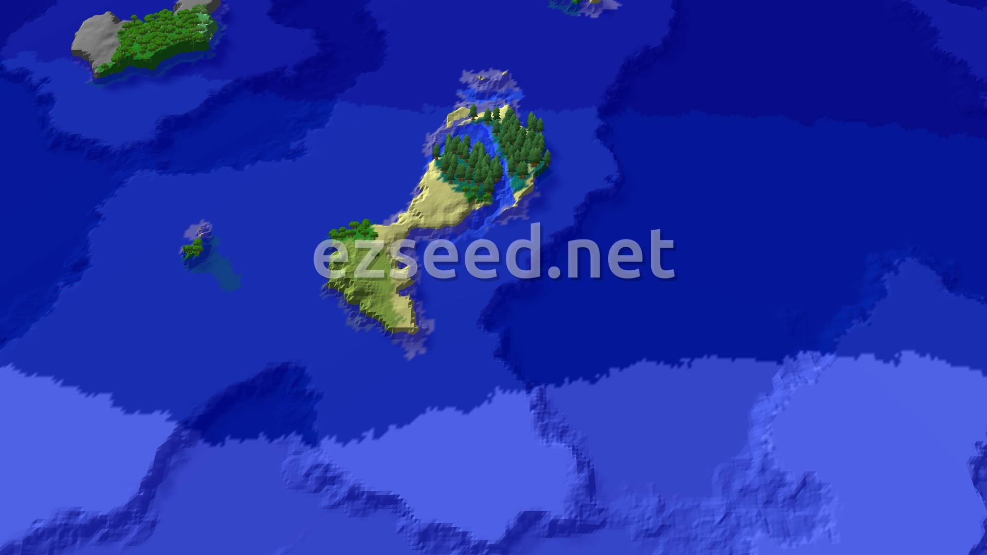 A narrow, curving island of sandy shore and dark spruce trees sits alone in dark blue open ocean, with small islets scattered around it.