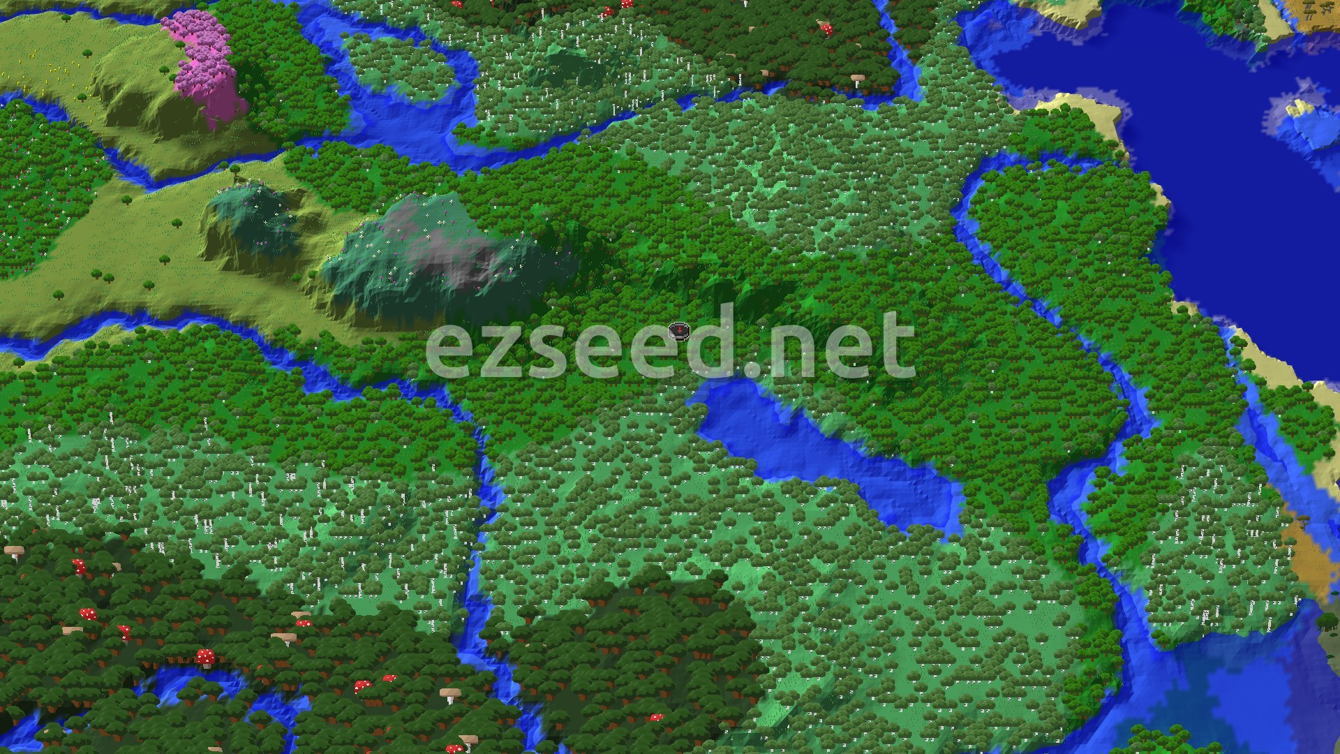 A 3D fly-over of dense forest and birch woods cut by winding blue rivers, with a small lake just south of spawn, grassy hills to the northwest and open ocean along the east edge.