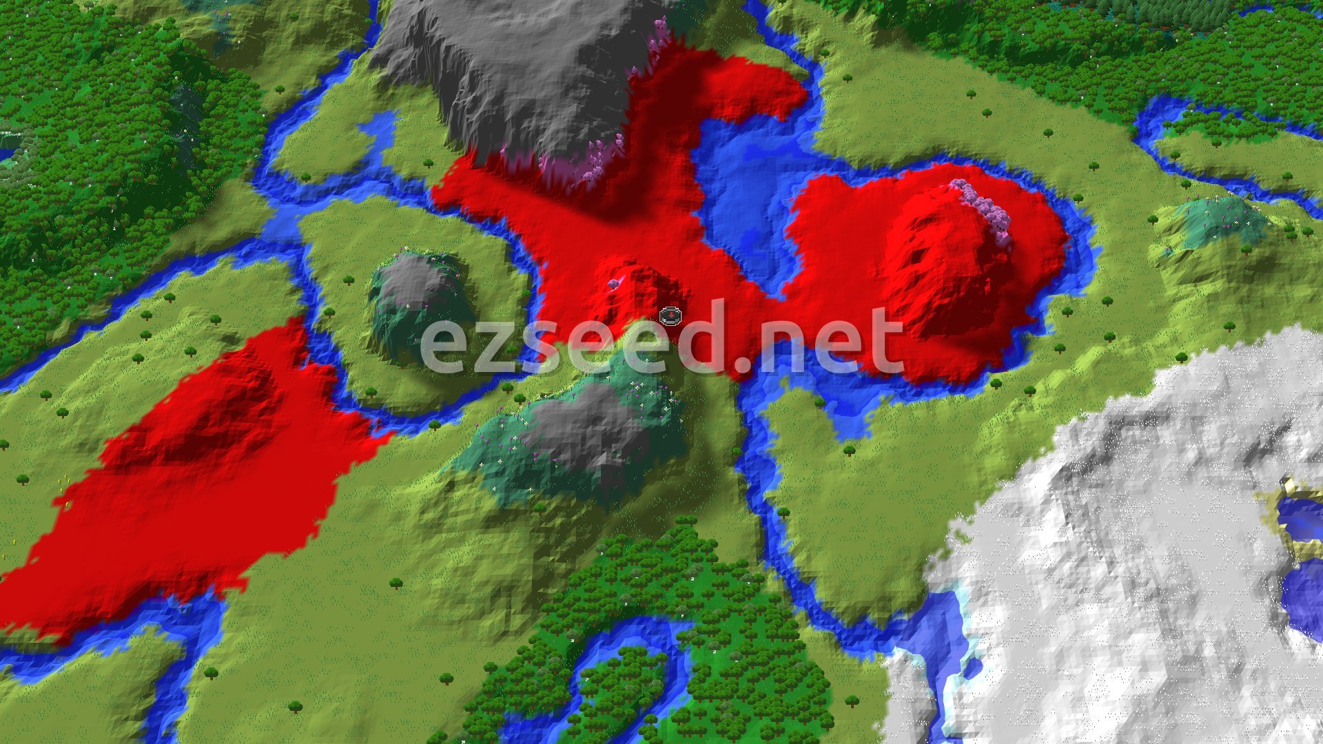 An aerial view of a varied landscape, featuring a Dappled Forest with scattered trees, a wide river, and a large Cherry Grove biome with pink-leafed trees. Snowy plains are visible in the distance.