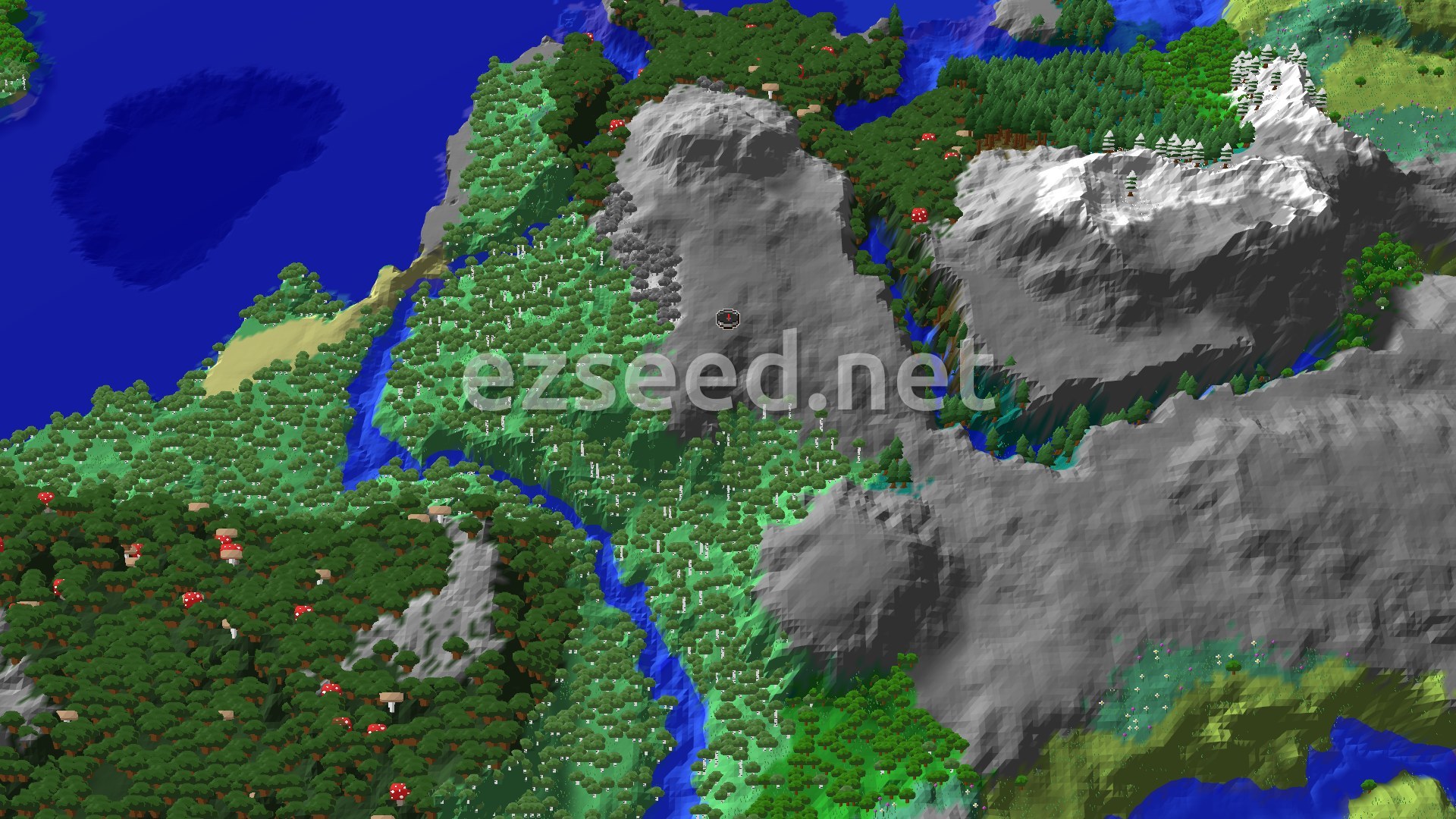 A bare gray hilltop at the centre, with birch and dark forest on the slopes, a winding river, and ocean and snowy rock at the edges.