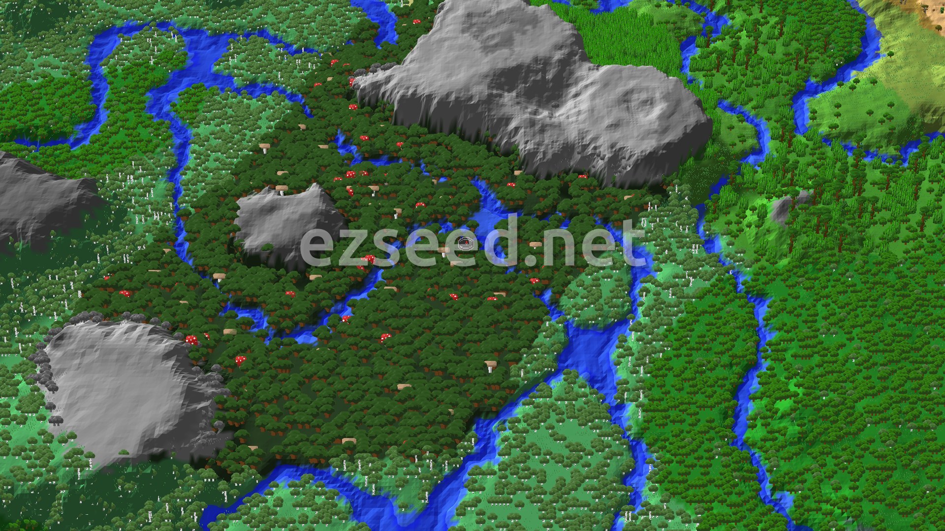A fly-over of dense dark forest canopy dotted with giant red and brown mushrooms, cut by winding rivers and grey stone hills, with birch forest and open grassland at the edges.