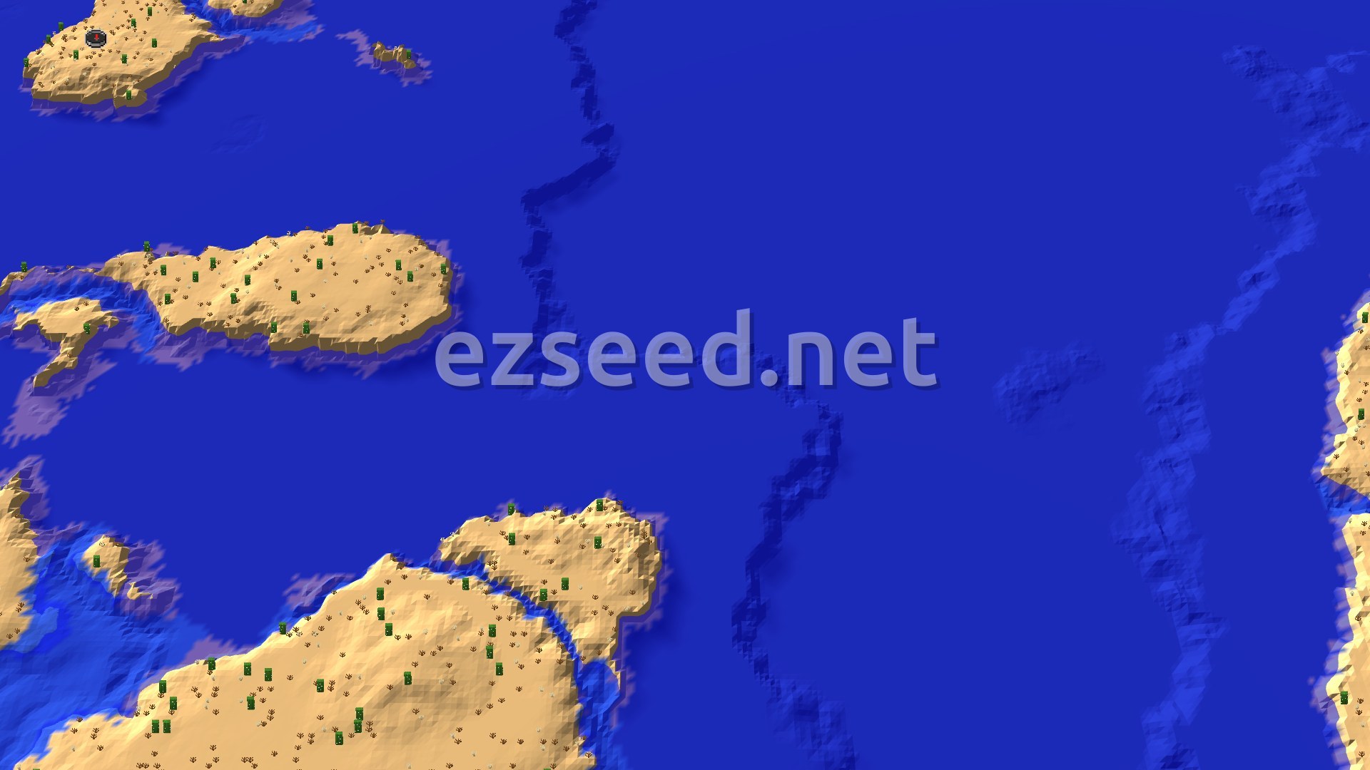 Sandy desert islands with scattered cacti and dead bushes sit in deep blue ocean, with the spawn marker on the island at the top left.