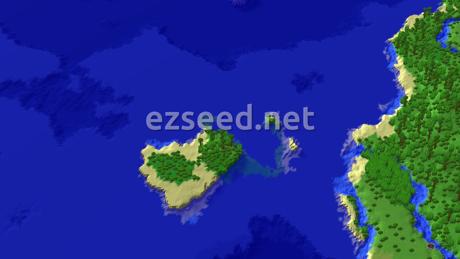 An aerial view shows a sprawling coastline with dense jungle, a wide river, and a distinct bamboo jungle island in the distance, all surrounded by blue ocean.