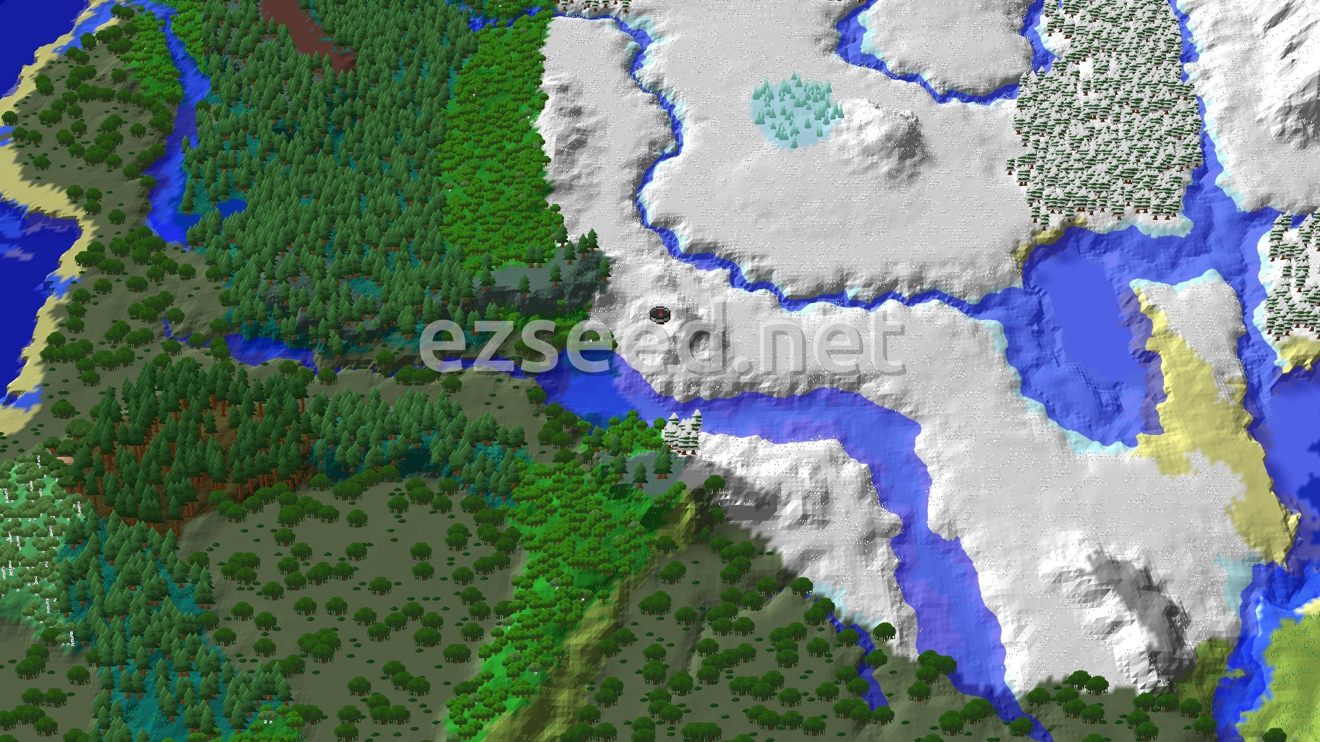 Aerial Minecraft seed map — Snowy Plains Edge With Gravelly Hills and a Swamp Beside Ocean Ruin