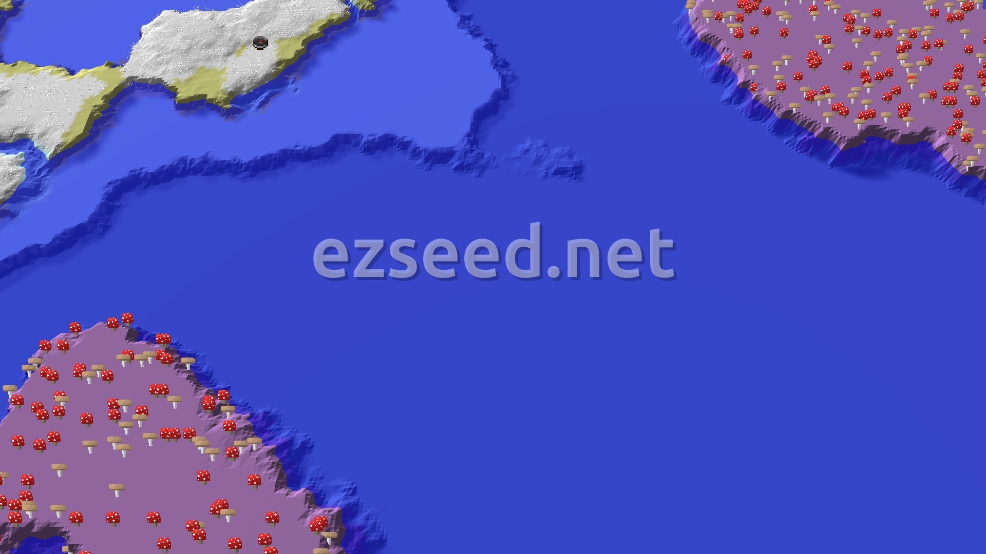 A snow-white island with sandy beaches at the top left, surrounded by open blue water, with two purple mushroom-covered landmasses in the corners.
