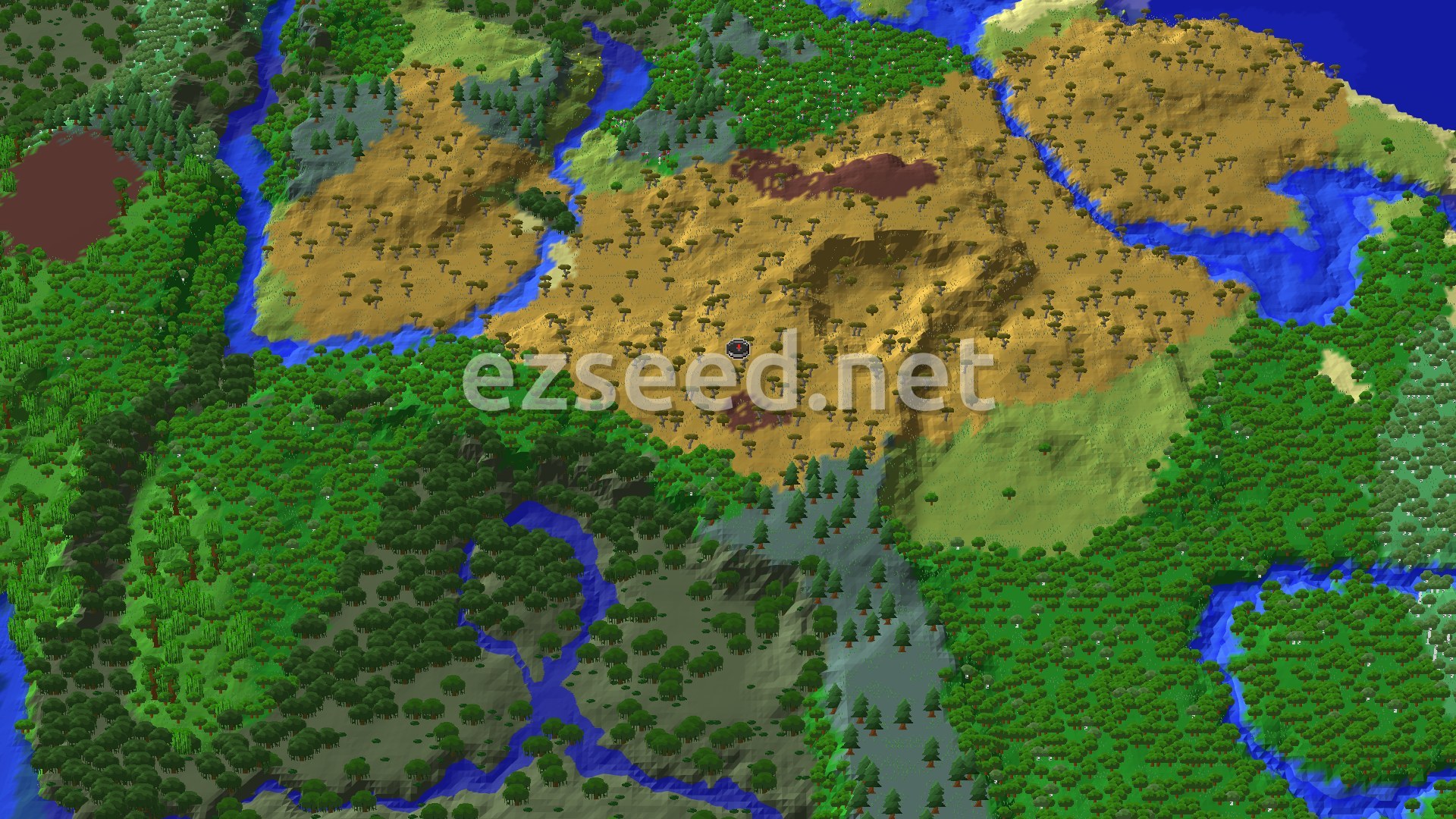 Aerial Minecraft seed map — Savanna Village With Mangrove Swamp and Flower Forest