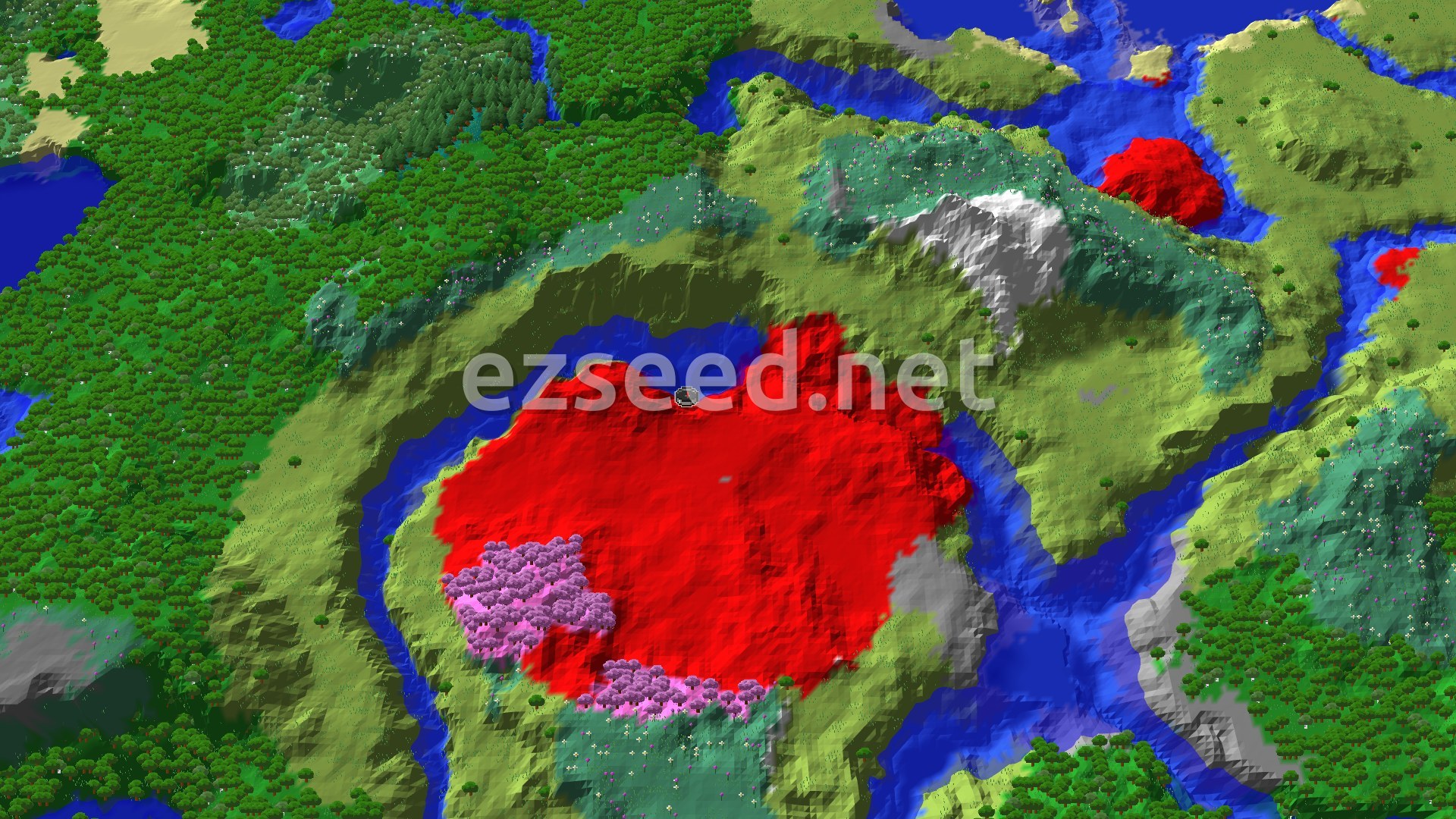 An aerial view of a forest, meadow, and a deep red mountain ring around a valley, with a small pink cherry grove nestled inside the red area.
