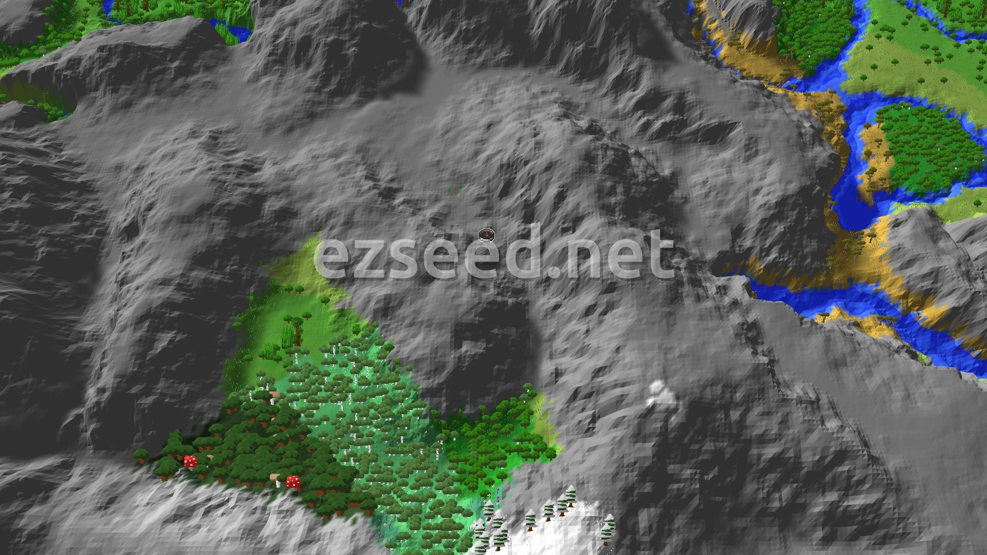 A 3D fly-over of bare grey rock slopes around spawn, with a patch of birch and dark oak forest to the south and river valleys with savanna banks to the east.
