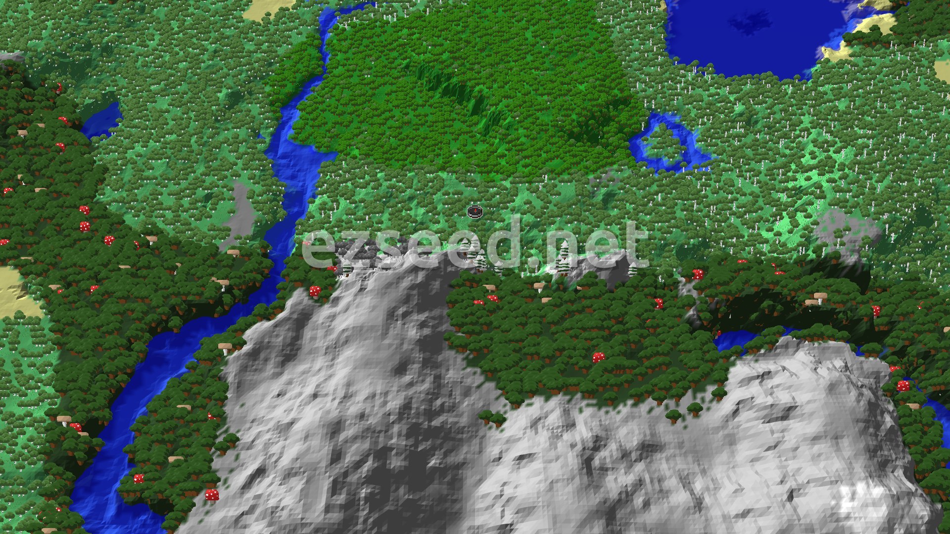 An aerial view of a forest with a central grassy area, bordered by a large gray mountain range and a river, with some mushroom trees.