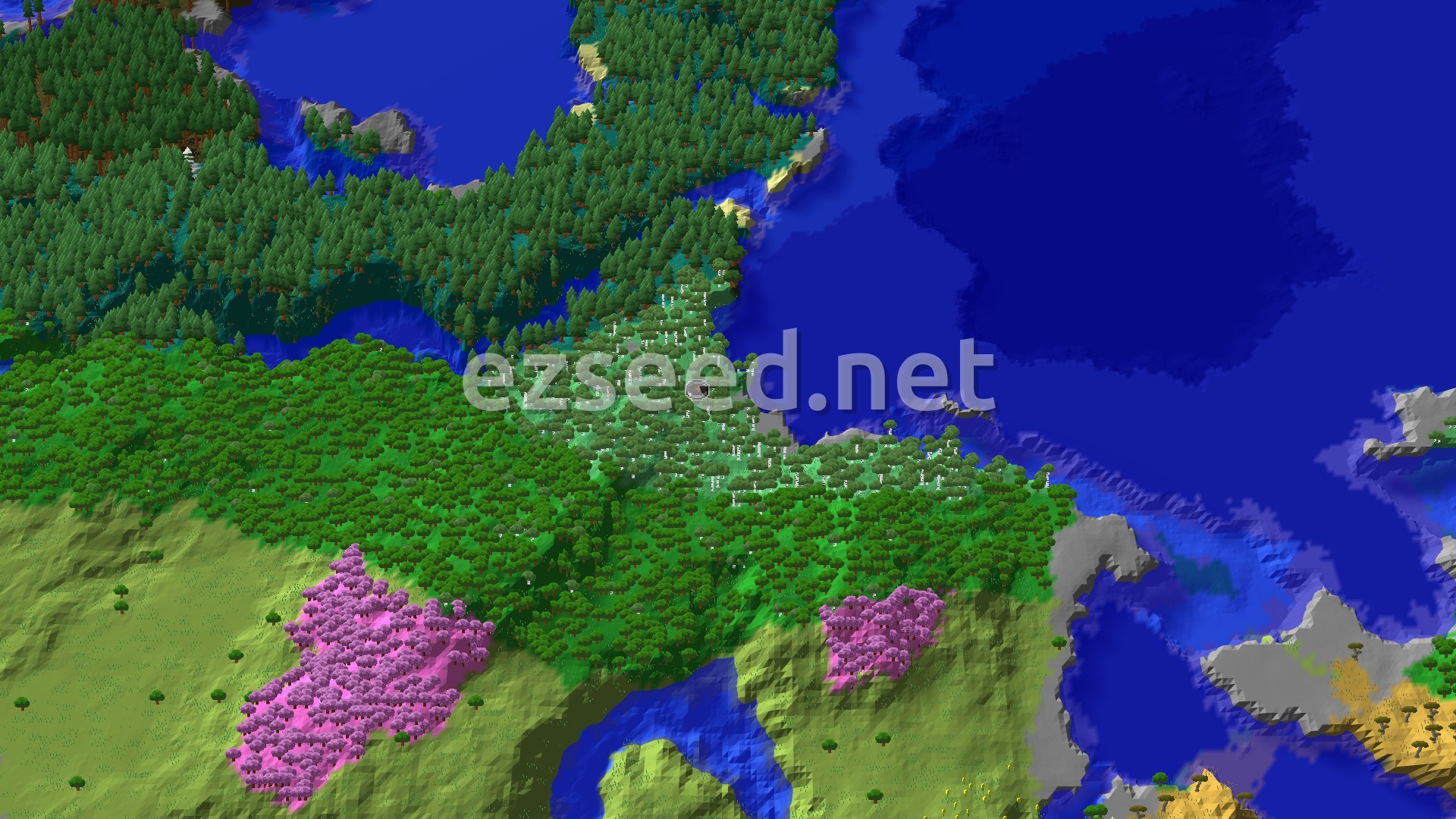 A fly-over of a small pale birch woodland on a forested coast, with open ocean to the east, dark spruce forest to the north and two pink cherry groves on yellow-green hills to the south.