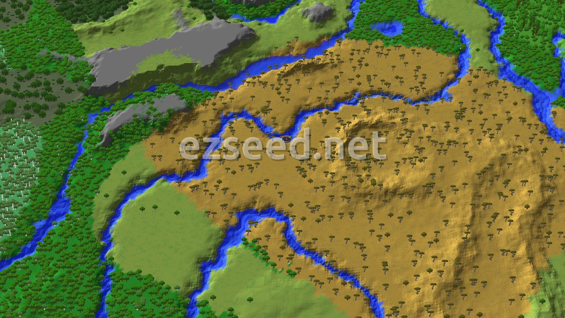 An aerial view of a wide savanna biome, dotted with acacia trees, with a winding river cutting through it. Patches of darker green forest and lighter green plains are visible in the distance, with some grey mountainous terrain to the northwest.