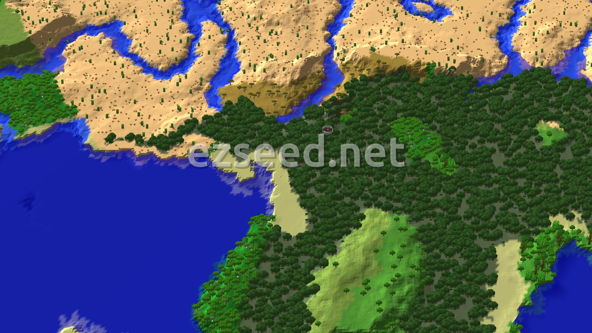 Dense dark mangrove canopy fills the centre and right, with a bright blue ocean to the left and tan desert cut by winding rivers to the north.