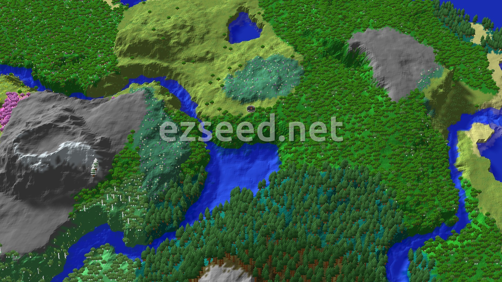 Dense green forest and a grassy meadow slope around spawn, with a river winding past, grey stone hills, spruce stands and ocean at the edges.