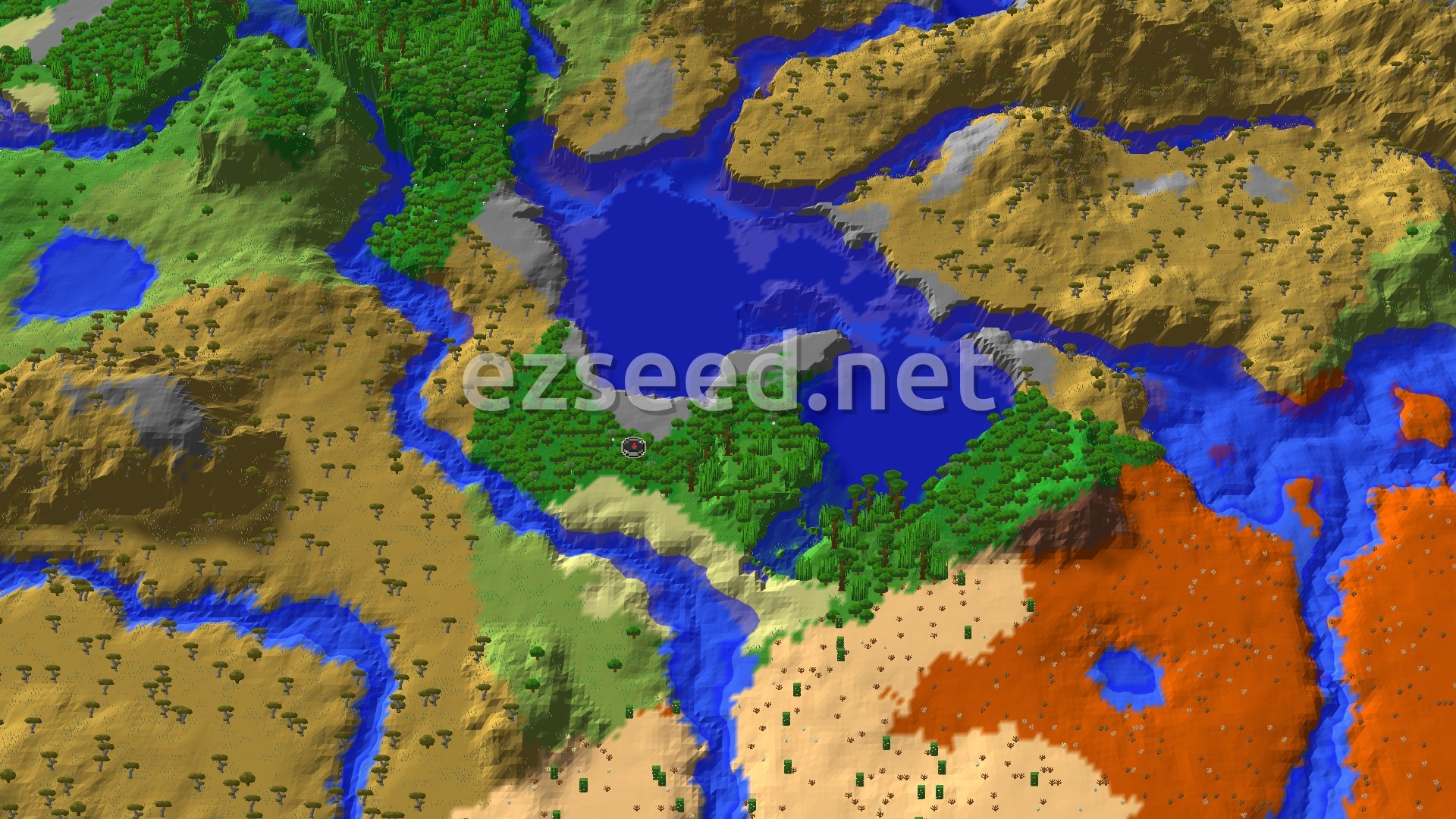 A forested peninsula juts into a large blue lake, ringed by savanna hills, with a pale desert and orange badlands to the south.