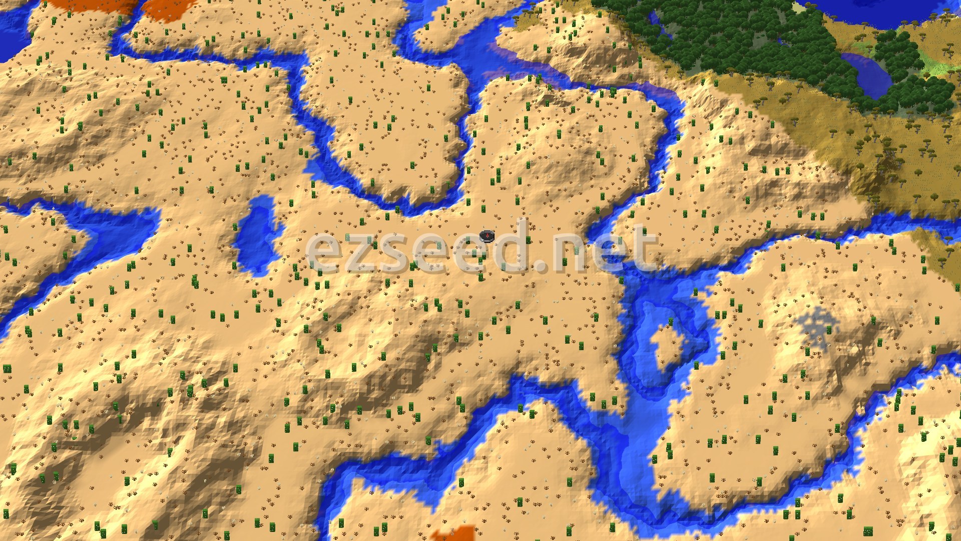 Aerial Minecraft seed map — Desert Pyramid with a Nether Fortress Portal