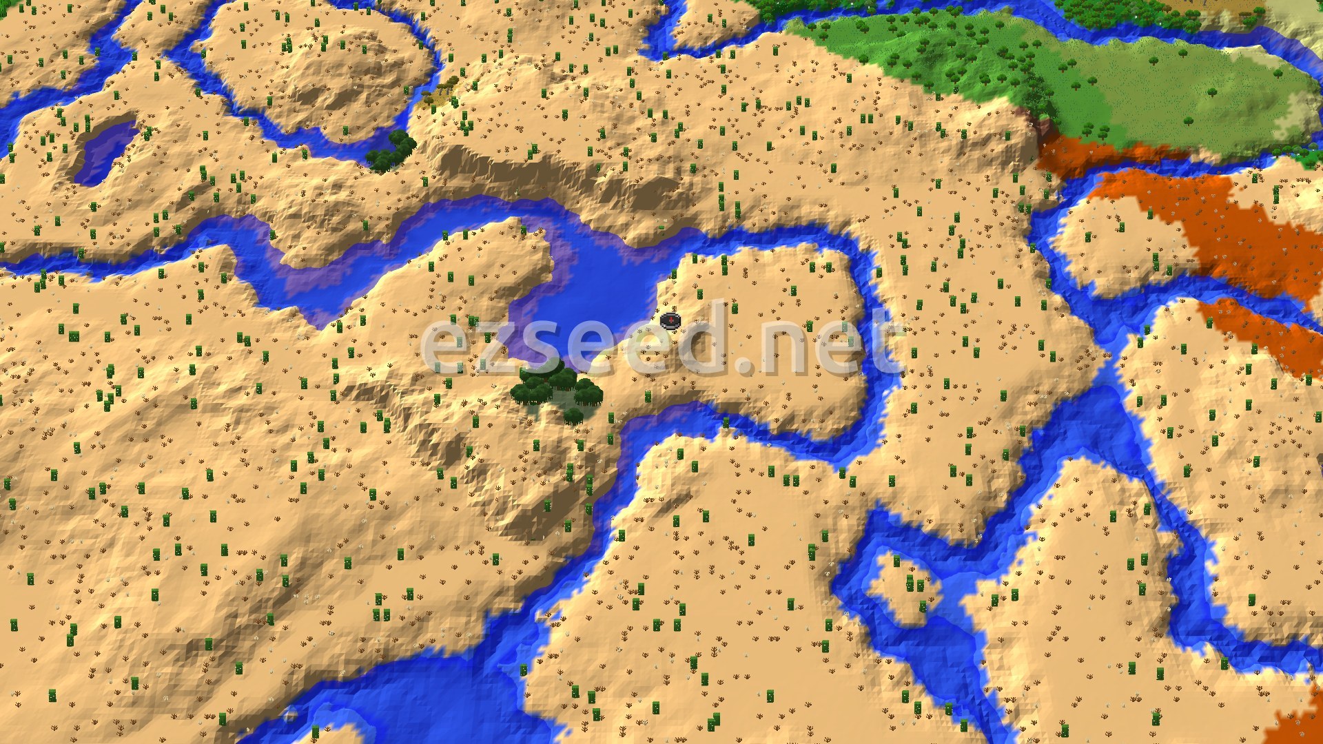 Aerial Minecraft seed map — Desert River Valley with a Mangrove Swamp Within Reach
