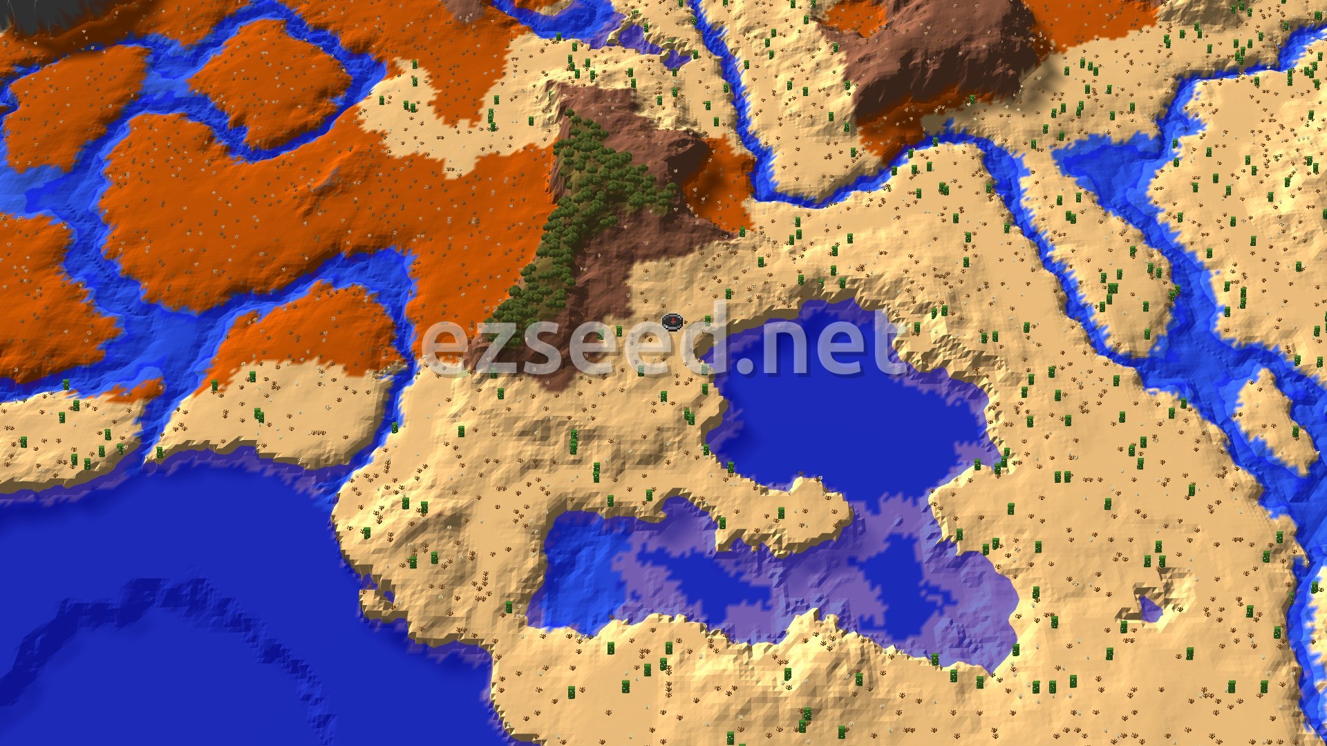 Aerial Minecraft seed map — Desert Lake Beside Wooded Badlands and a Warm Ocean