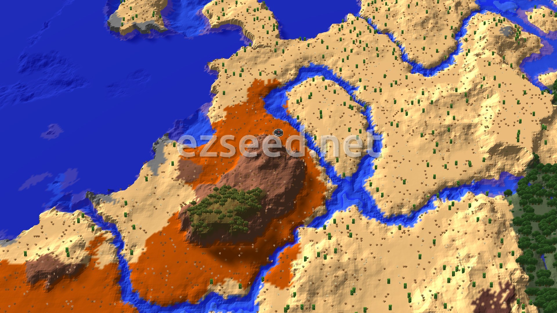 A orange-and-brown badlands hill beside open water, ringed by pale desert dunes with cacti, narrow rivers winding between them and dark forest at the right edge.