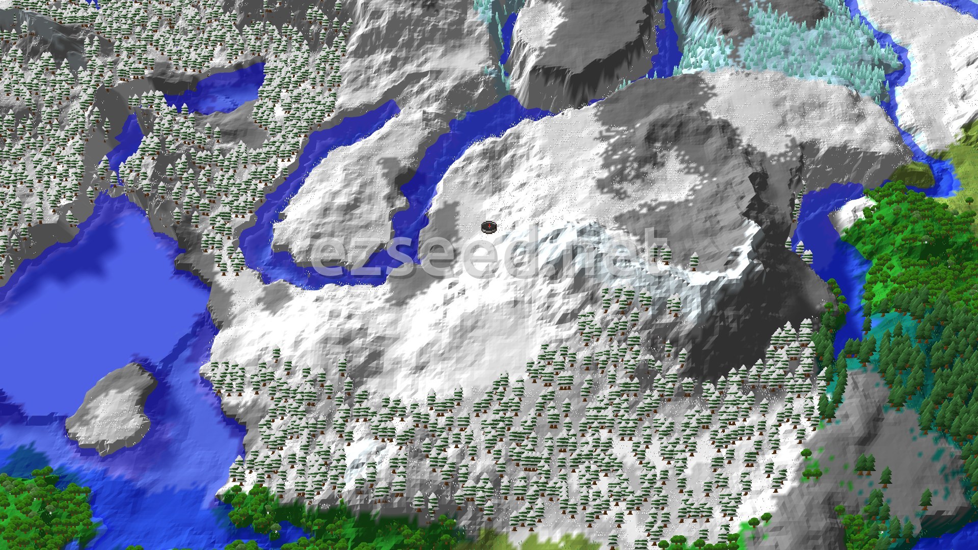 A 3D fly-over of a snowy mountain range, with blue rivers winding through valleys and patches of evergreen trees, centered on a small spawn marker.