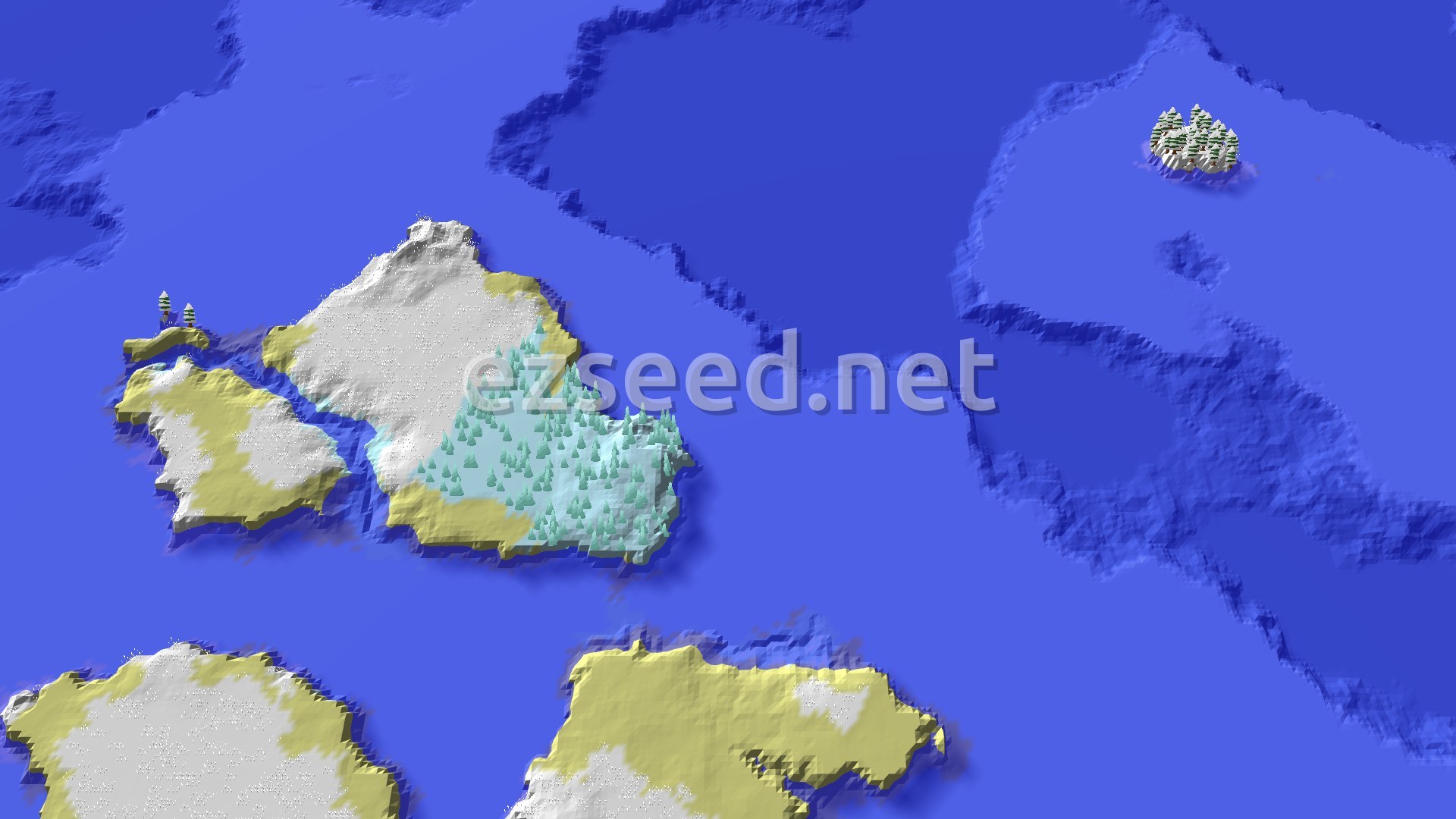 Snow-covered islands with pale sandy shores and a cluster of frosted pines, surrounded by dark blue frozen ocean and deeper basins.