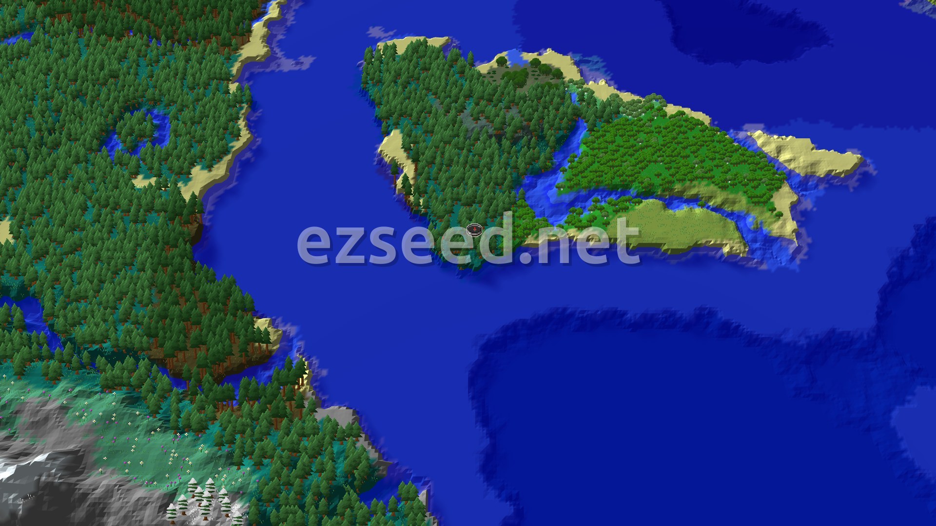 An overhead 3D view of a large, forested island with a small spawn marker in the center. The island is surrounded by blue ocean, with sandy beaches along its shores.