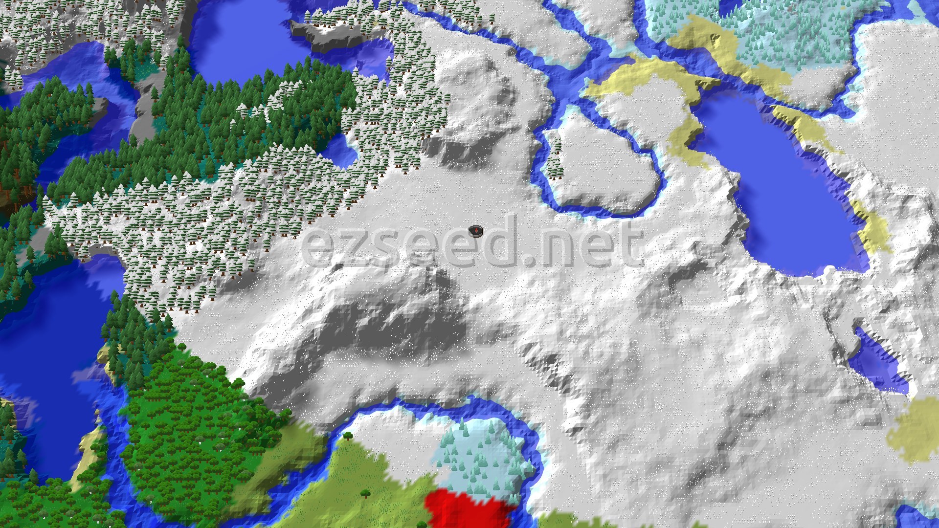 An aerial view shows a snowy, mountainous landscape with many pine trees and frozen rivers. A small spawn marker is visible in the snowy plains.