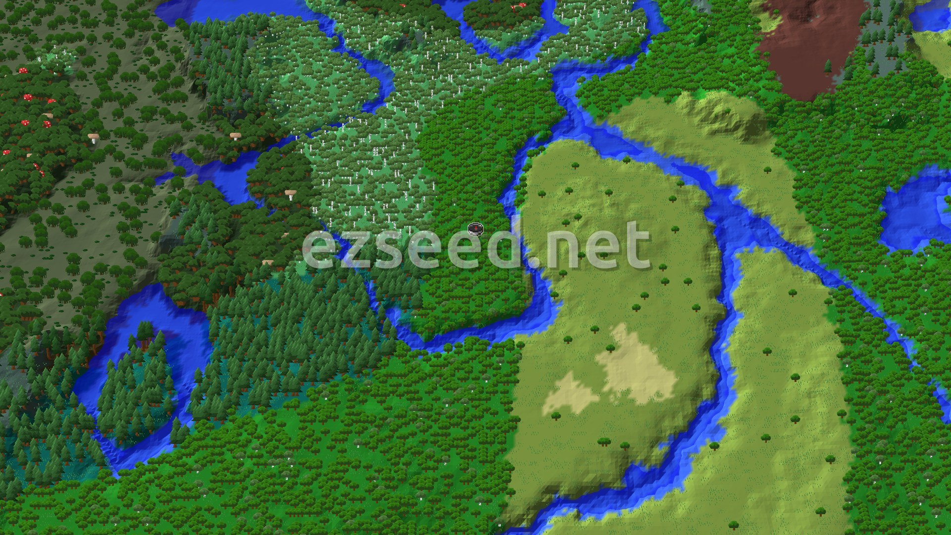 A winding river wraps a forested bank and a grassy plateau, with birch and spruce stands to the west and a reddish hill in the far corner.