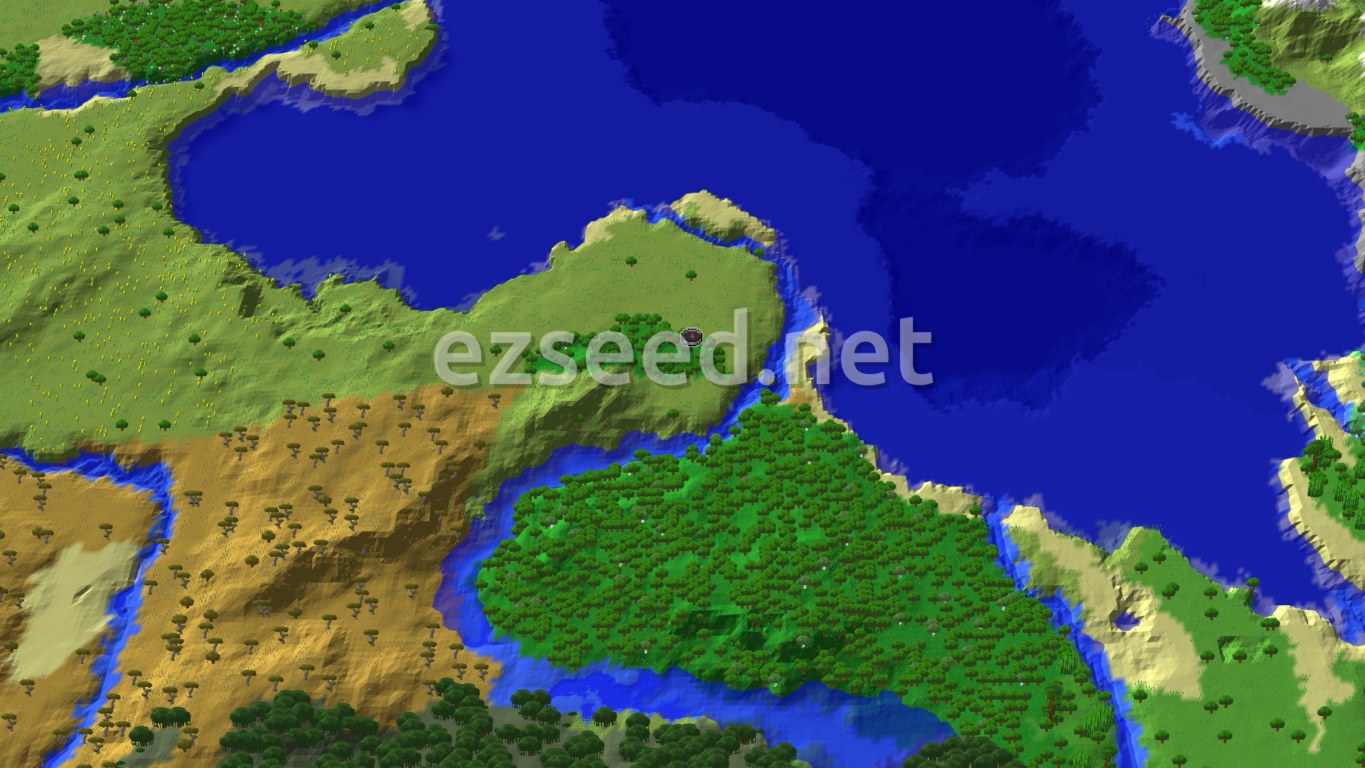 An overhead view of a diverse landscape with a central forest, surrounded by plains and a large body of water. A small spawn marker is visible in the forest.