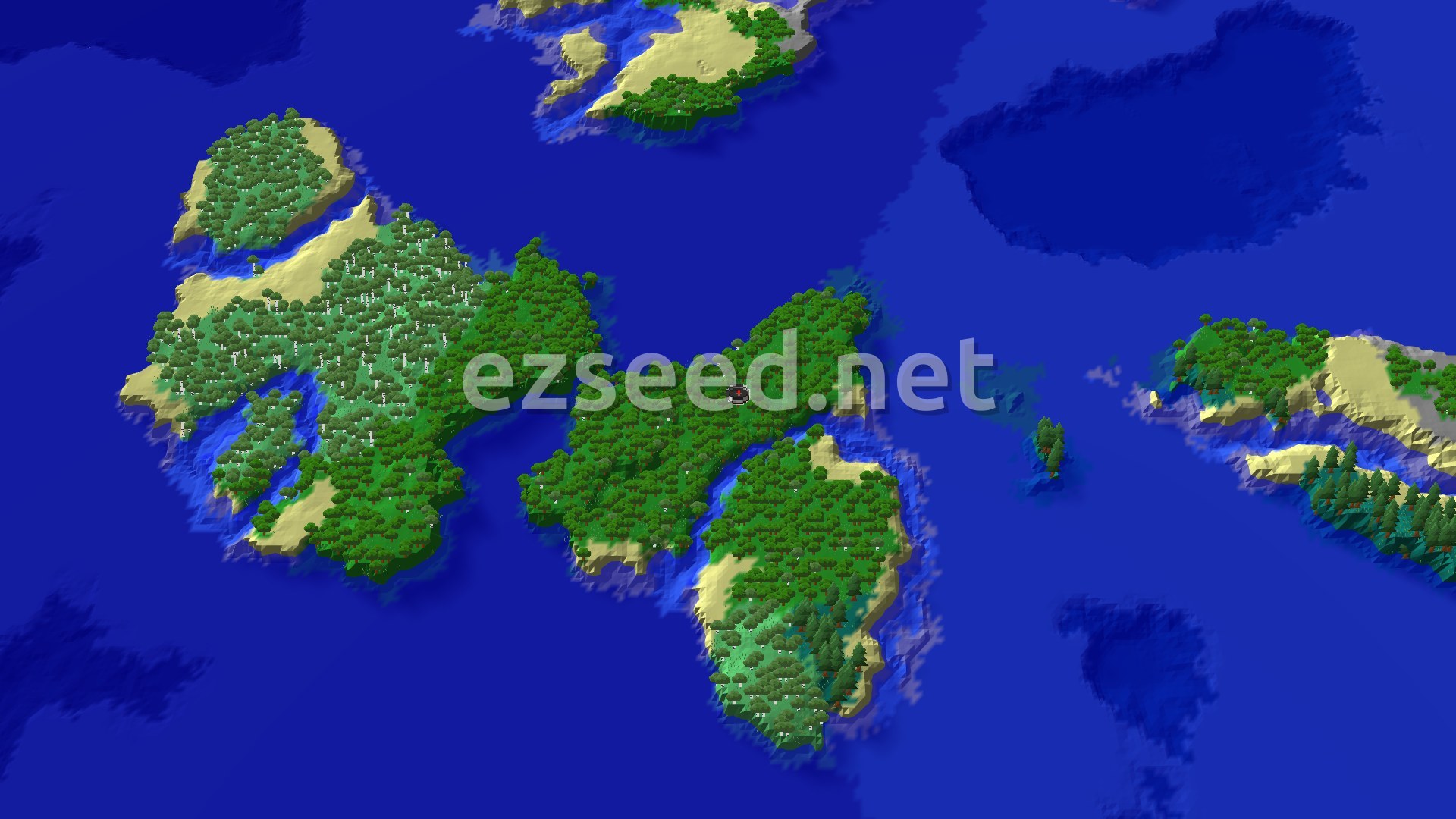 An aerial view of a large, green island covered in trees and surrounded by blue ocean, with a small spawn marker in the center.