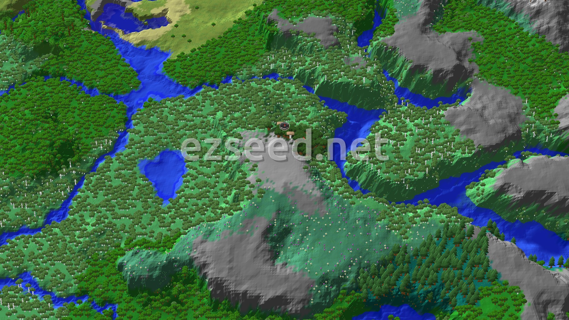 An aerial view of a dense Dark Forest with a small lake and a river, bordered by steep, grey Jagged Peaks.