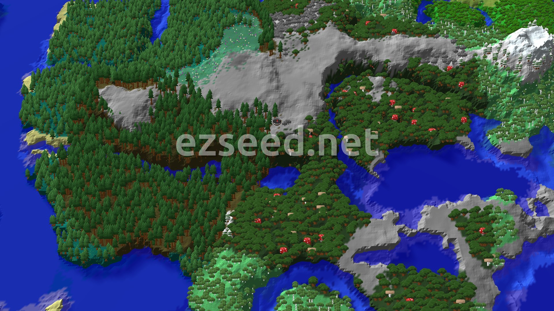 A fly-over of dense pine forest on a high grey stone ridge, with dark oak woods dotted with giant red mushrooms, a lake and open sea around it.