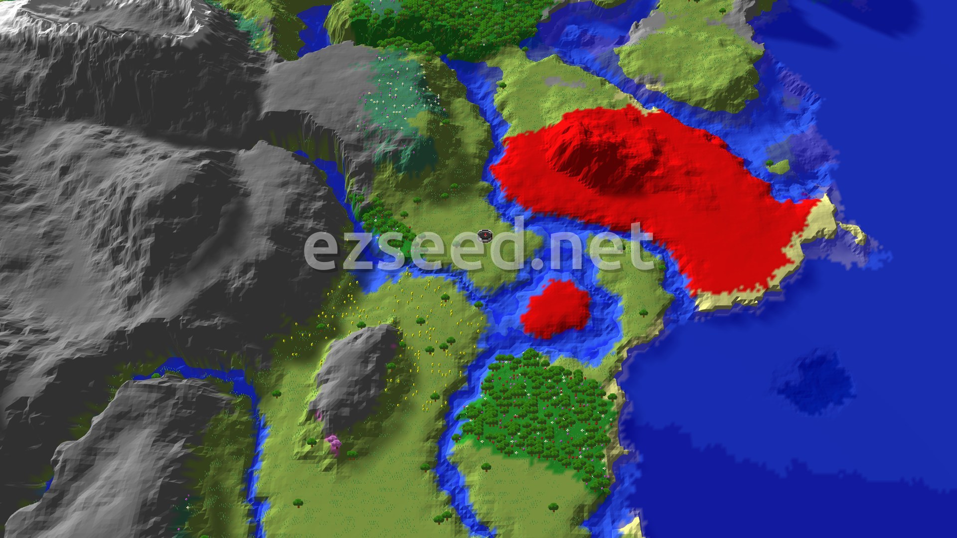 A bird's eye view of varied terrain: a central plains area with a small spawn marker, bordered by a river and green forests, leading to a large red mountain range and an ocean.
