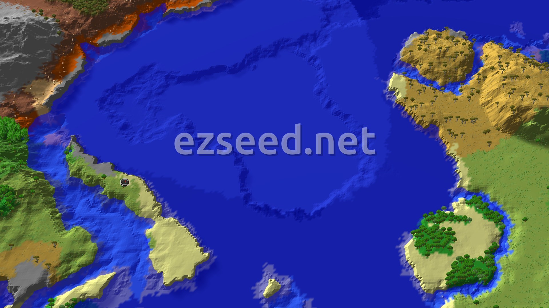 An aerial view of a large island in a blue ocean, featuring plains, beaches, and sparse jungle biomes, with hills and scattered trees.