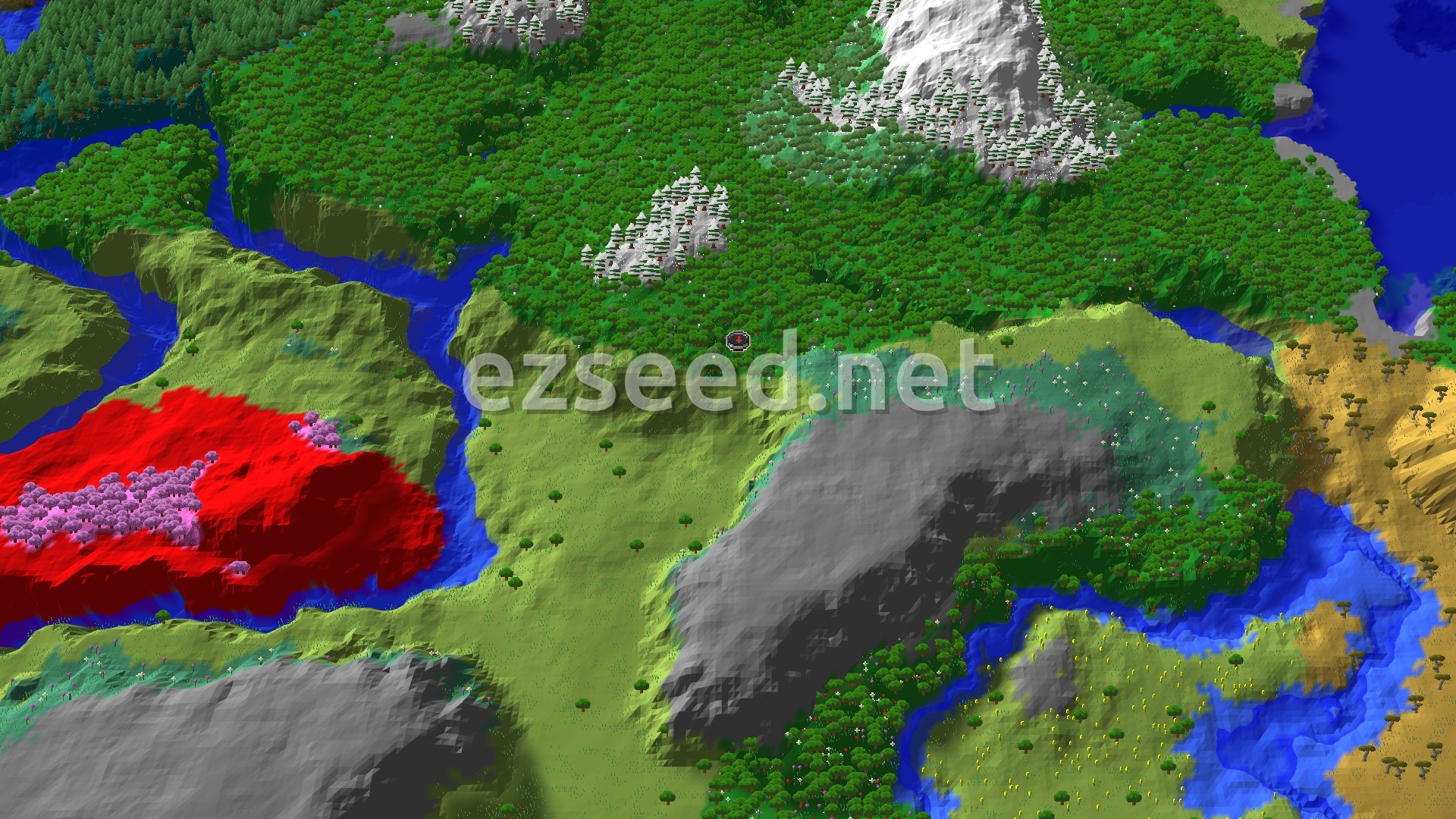A 3D fly-over of dense green forest on a hillside above grassy meadow, with rivers, grey rock faces, a snowy peak and a pink cherry grove at the edge.