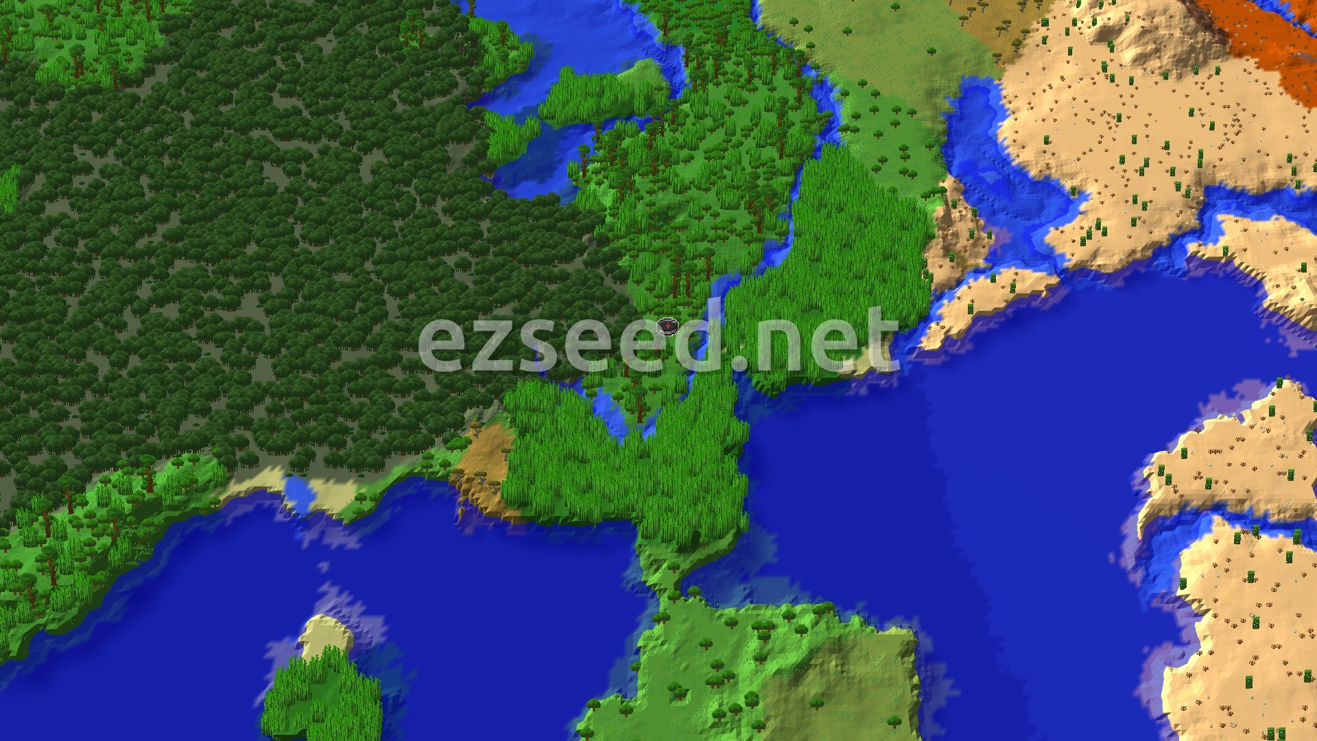 A fly-over of a jungle strip split by a thin river, with a dense dark mangrove forest to the west, bamboo stands in the middle, and open water and desert sand to the east.