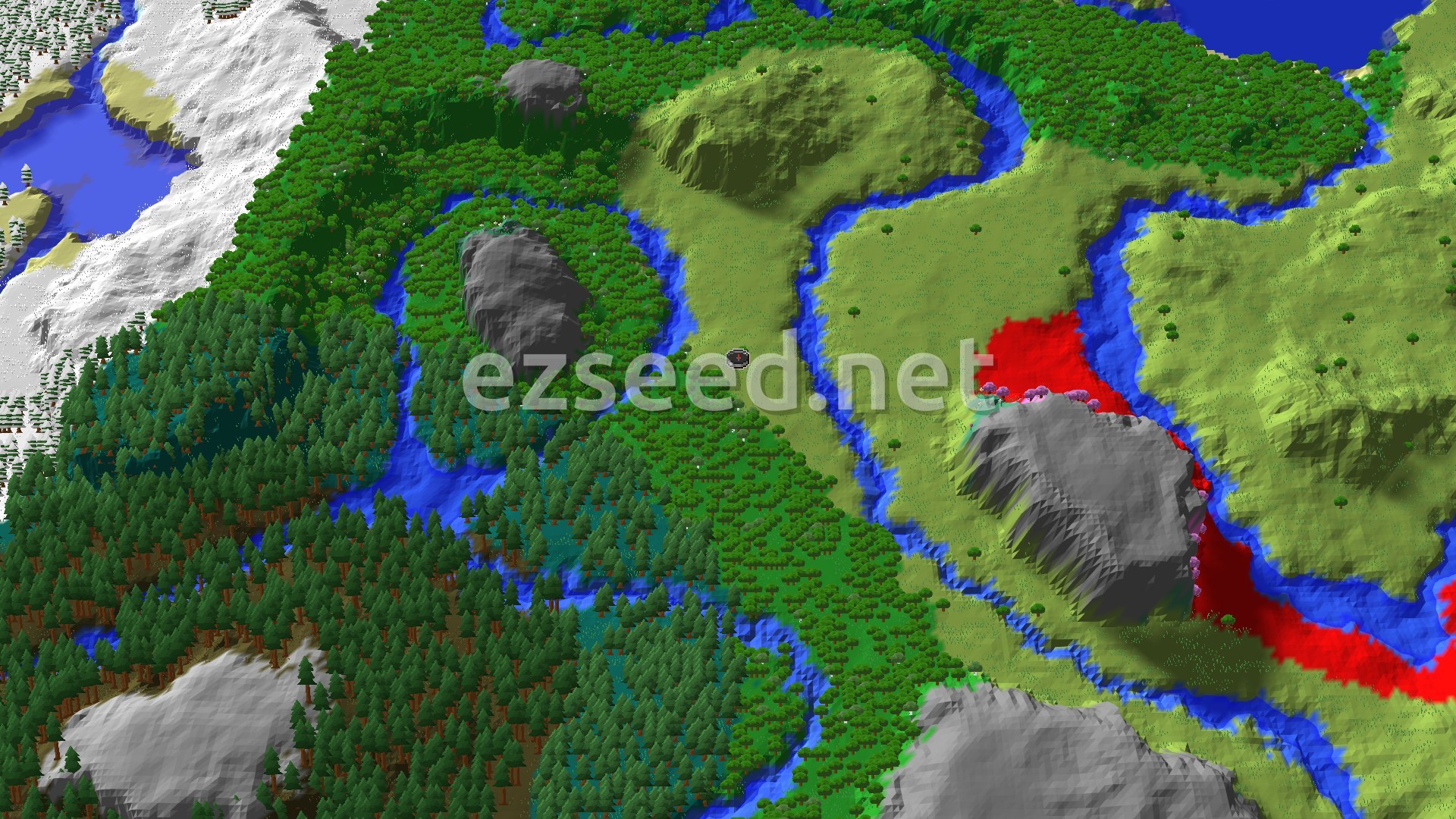 An aerial view shows a winding river through plains and forests, with a snow-capped area in the distance.