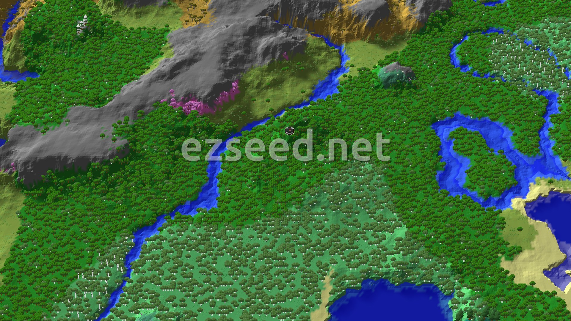 A bird's eye view of a dense forest with winding blue rivers. In the distance, mountains rise, and patches of pink cherry trees are visible.
