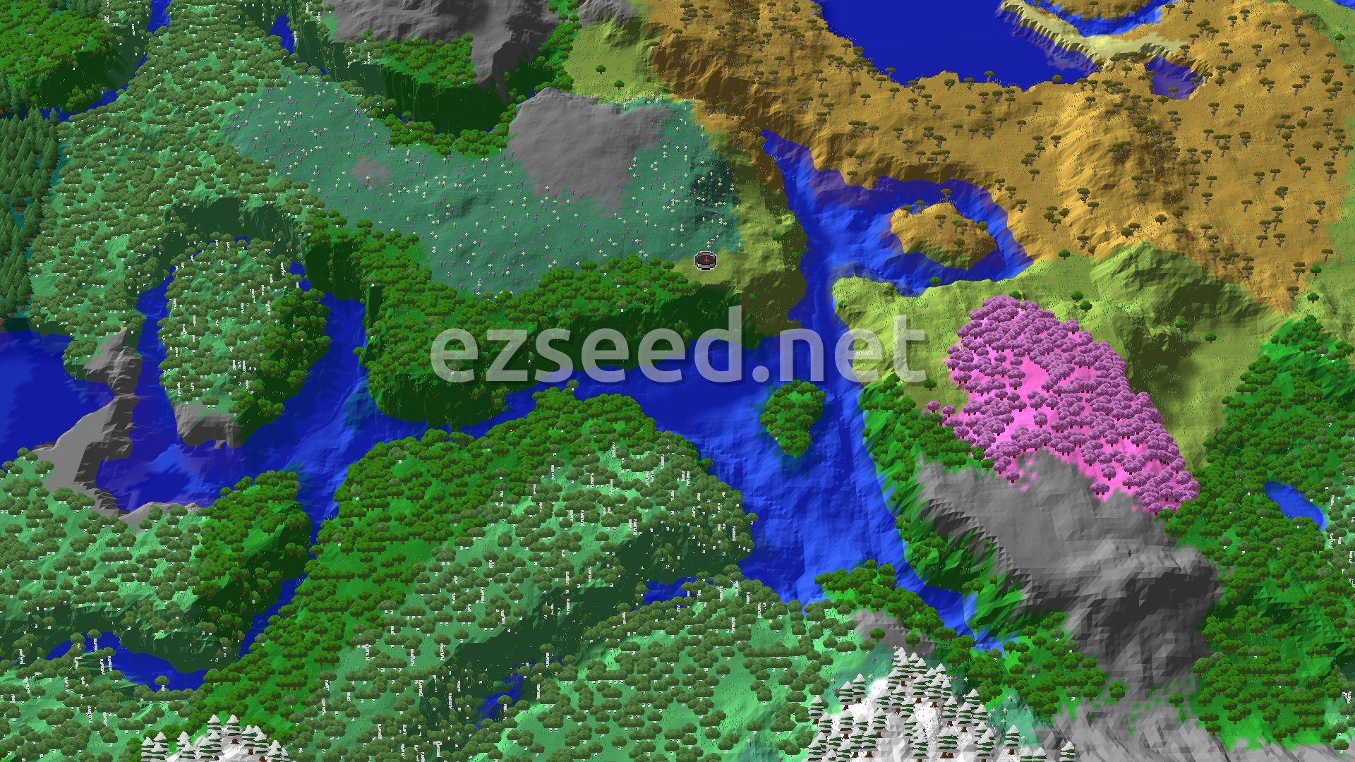 A fly-over of a plains clearing beside a winding river, with dense forest to the south, a flowered meadow to the northwest, savanna uplands to the northeast and a pink cherry grove on the east bank.