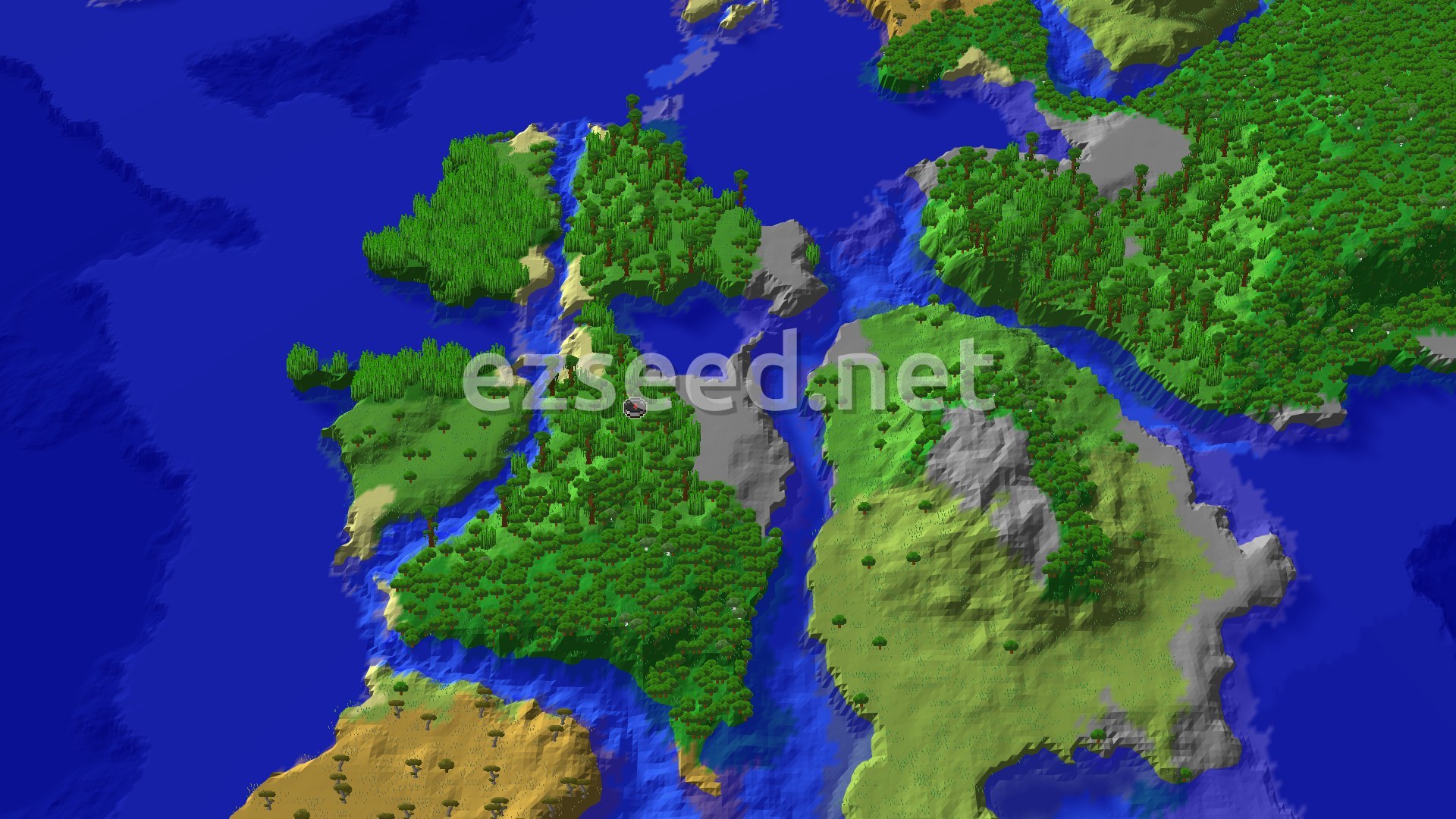 A 3D aerial view of a Minecraft world, showing a diverse landscape with dense green jungles, lighter green forests, and areas of stony shorelines. Blue oceans and rivers cut through the landmasses. A small spawn marker is visible near the center.