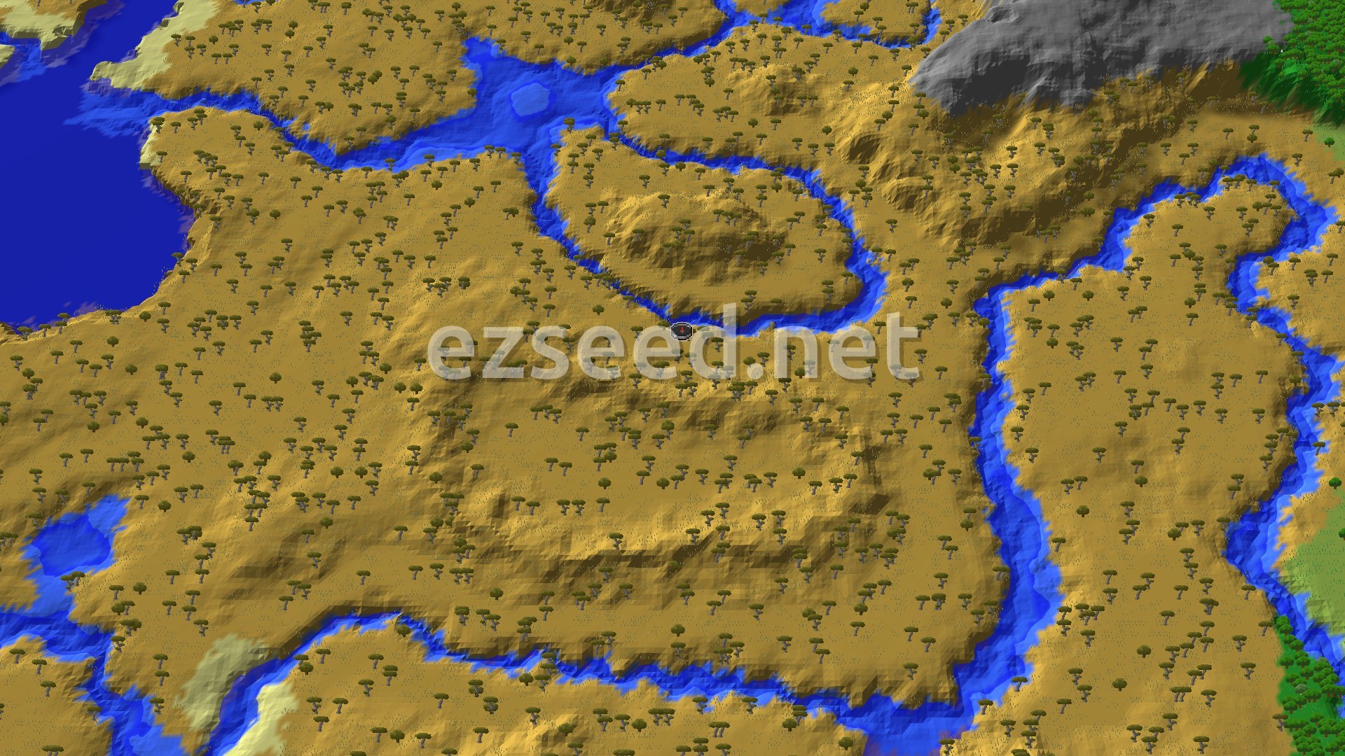 An aerial view of a wide savanna biome, dotted with acacia trees and cut through by winding blue rivers. A large body of water borders the western side, and to the northeast, gray hills rise, meeting a patch of green forest.