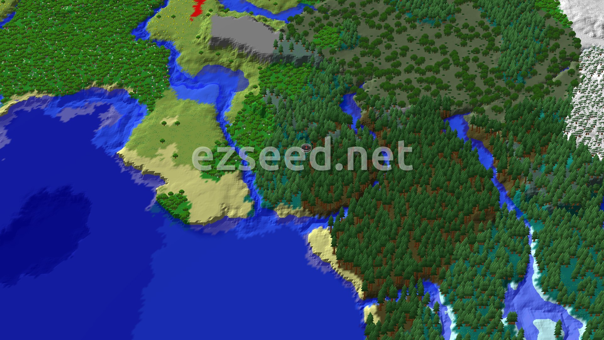 A 3D fly-over of a verdant landscape with dense forests, a winding river, and a coastline with sandy beaches. A small spawn marker is visible in the center.
