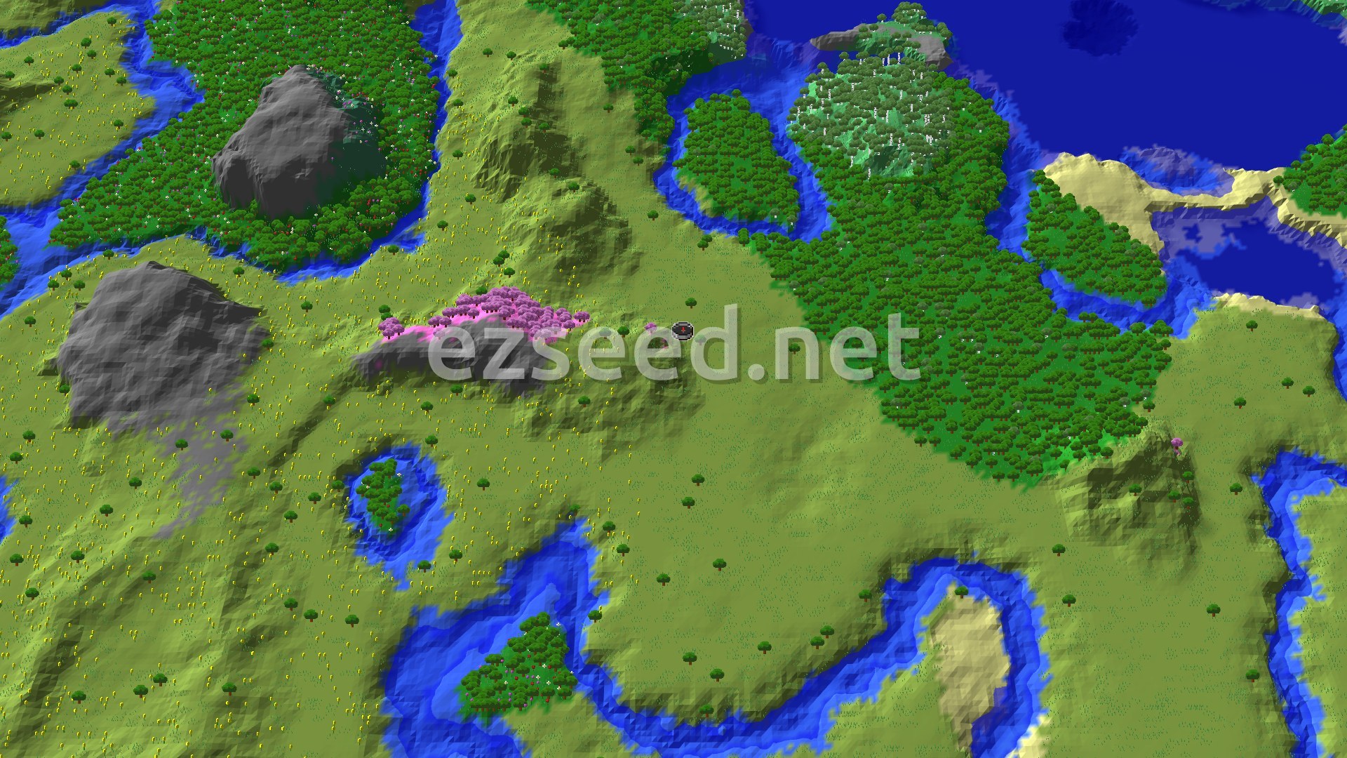 An overhead view of rolling green plains with scattered trees, a distinct pink-leafed cherry grove to the left of spawn, and several blue rivers winding through the landscape. Two large grey mountains rise in the distance to the northwest.