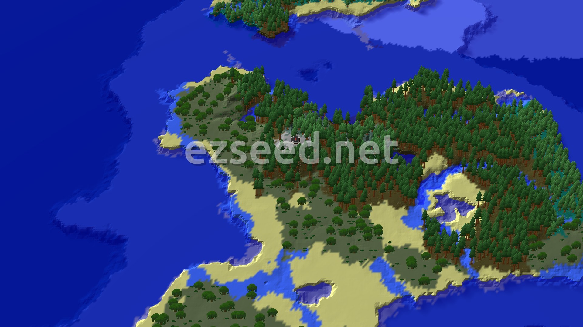 A fly-over of a forested island with dense dark pine woods on the ridge, round-canopied swamp trees on the western shore, pale sand beaches and deep blue ocean all around.