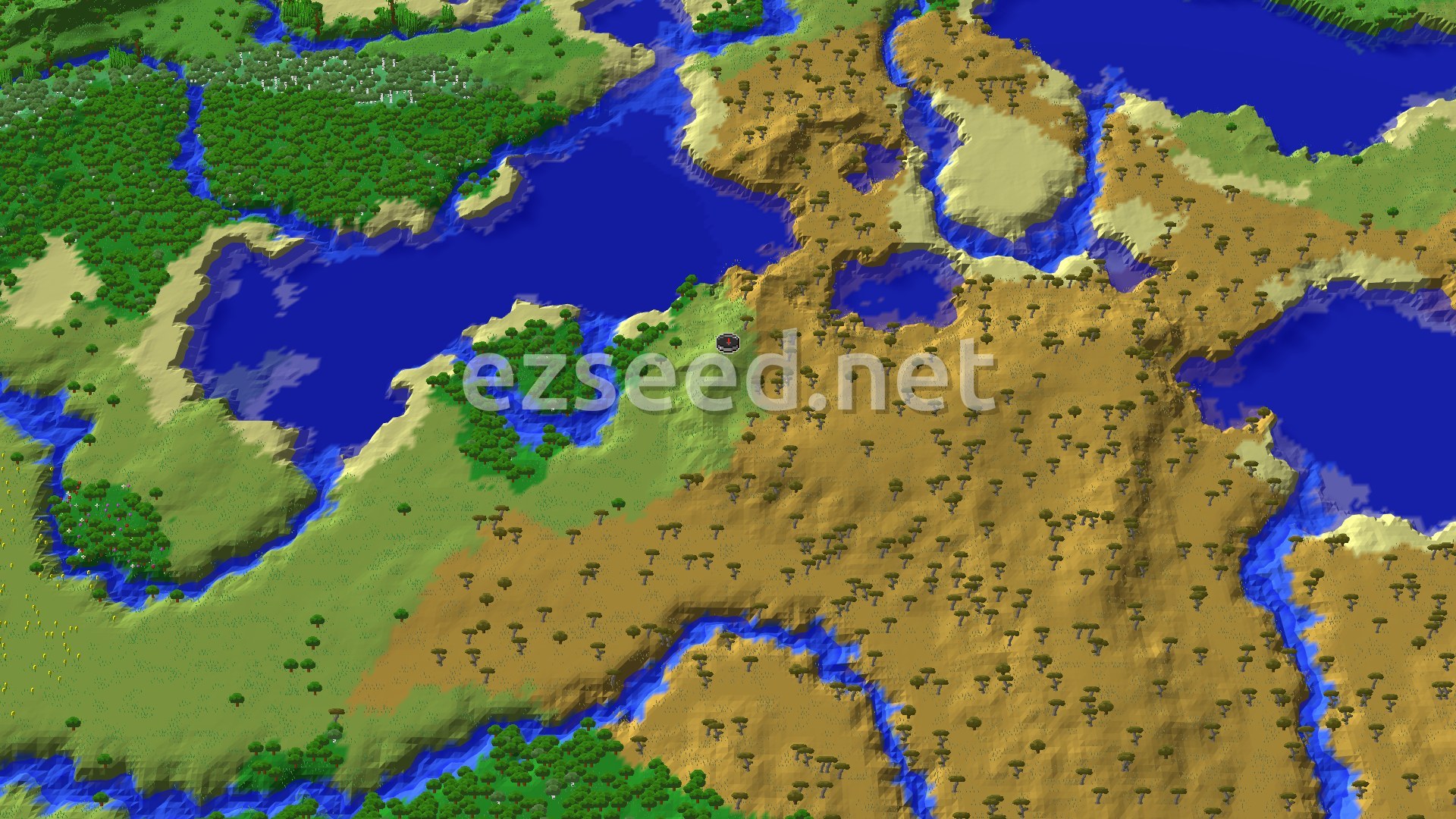 An overhead view of a diverse landscape featuring a large savanna biome with scattered acacia trees, plains, forests, and a significant body of water.
